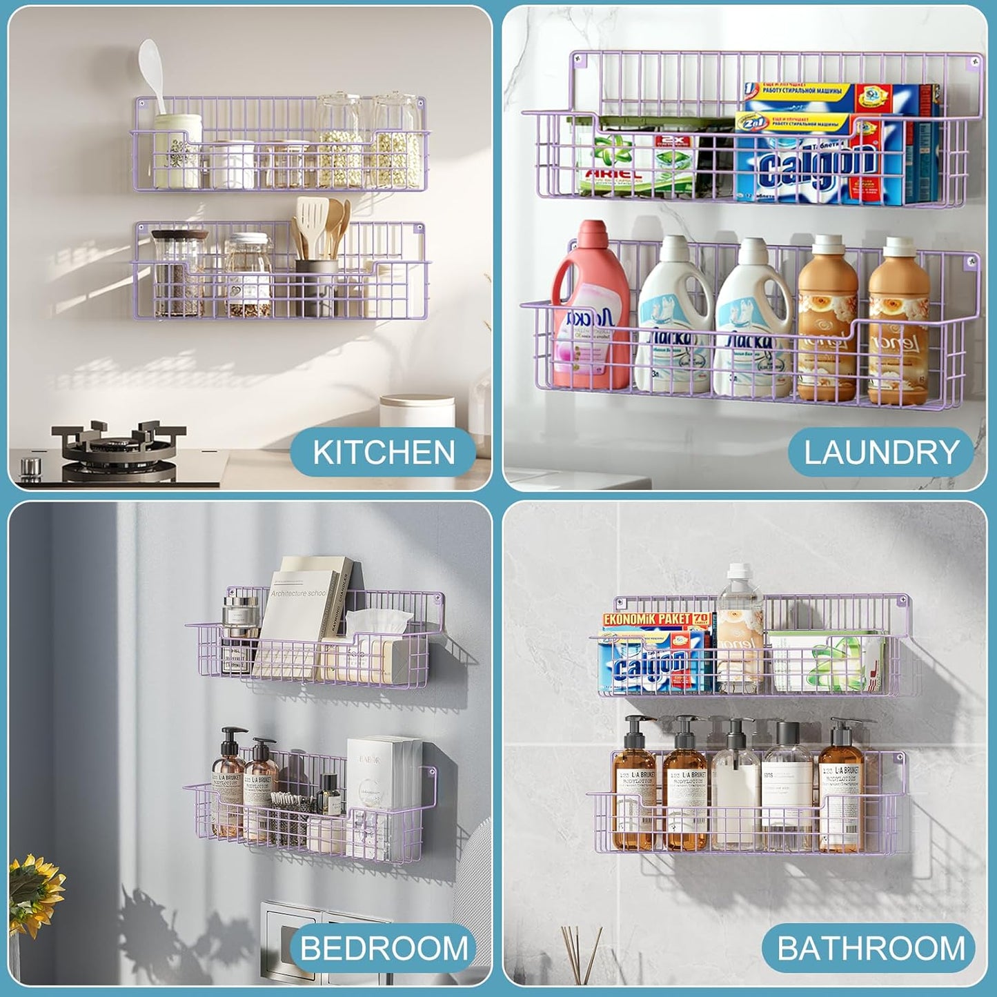 Spice Rack Wall Mount, Spice Organizer for Cabinet & Pantry Door, Set of 4 Hanging Spice Rack Saving Space for Kitchen, Purple