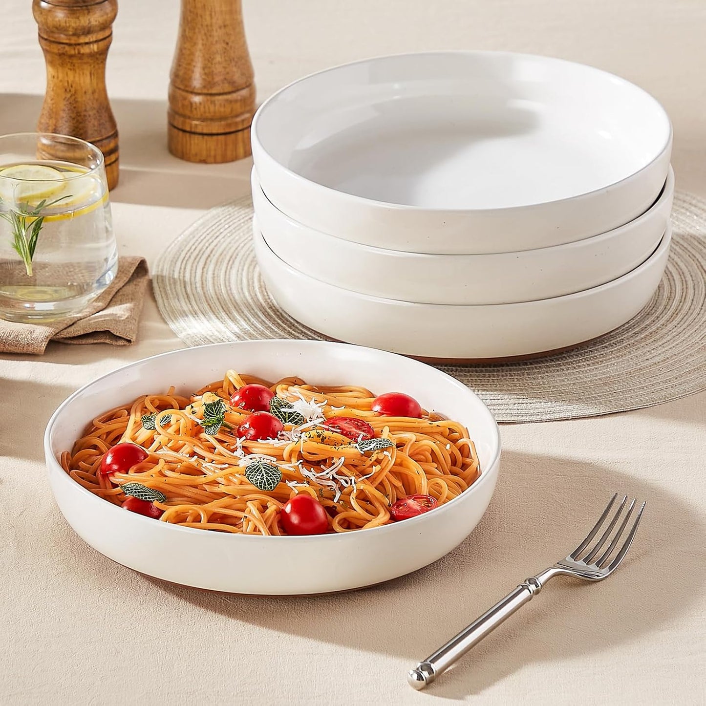 MALACASA 48 OZ Pasta Bowls Set of 4, Large Salad Serving Bowls for Kitchen, Ceramic Soup Bowls Pasta Plates for Dinner, Microwave Dishwasher Safe, Khaki White,Series TARA