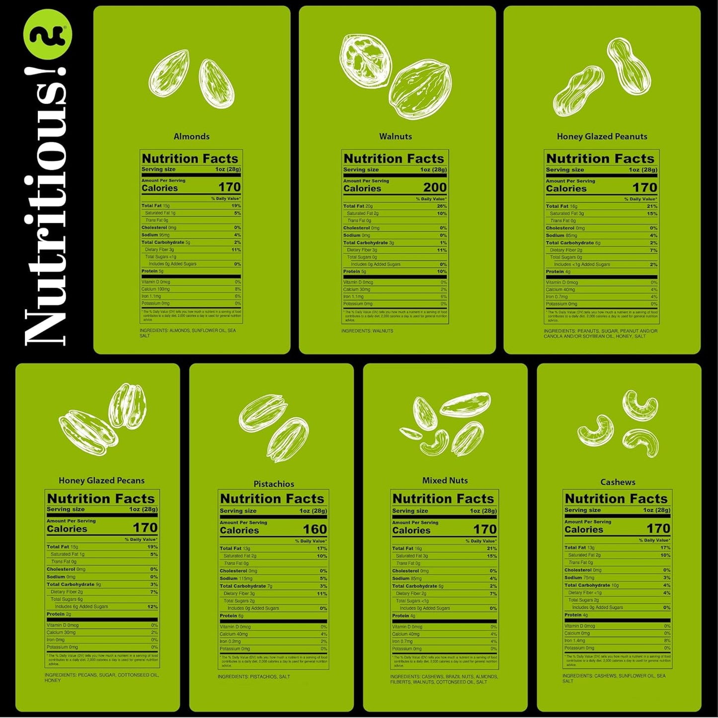 NUT CRAVINGS - Mixed Nuts Gift Basket + Green Ribbon (7 Assortments, 1 LB) Food Arrangement, Healthy Snack Care Package, Food Assortments