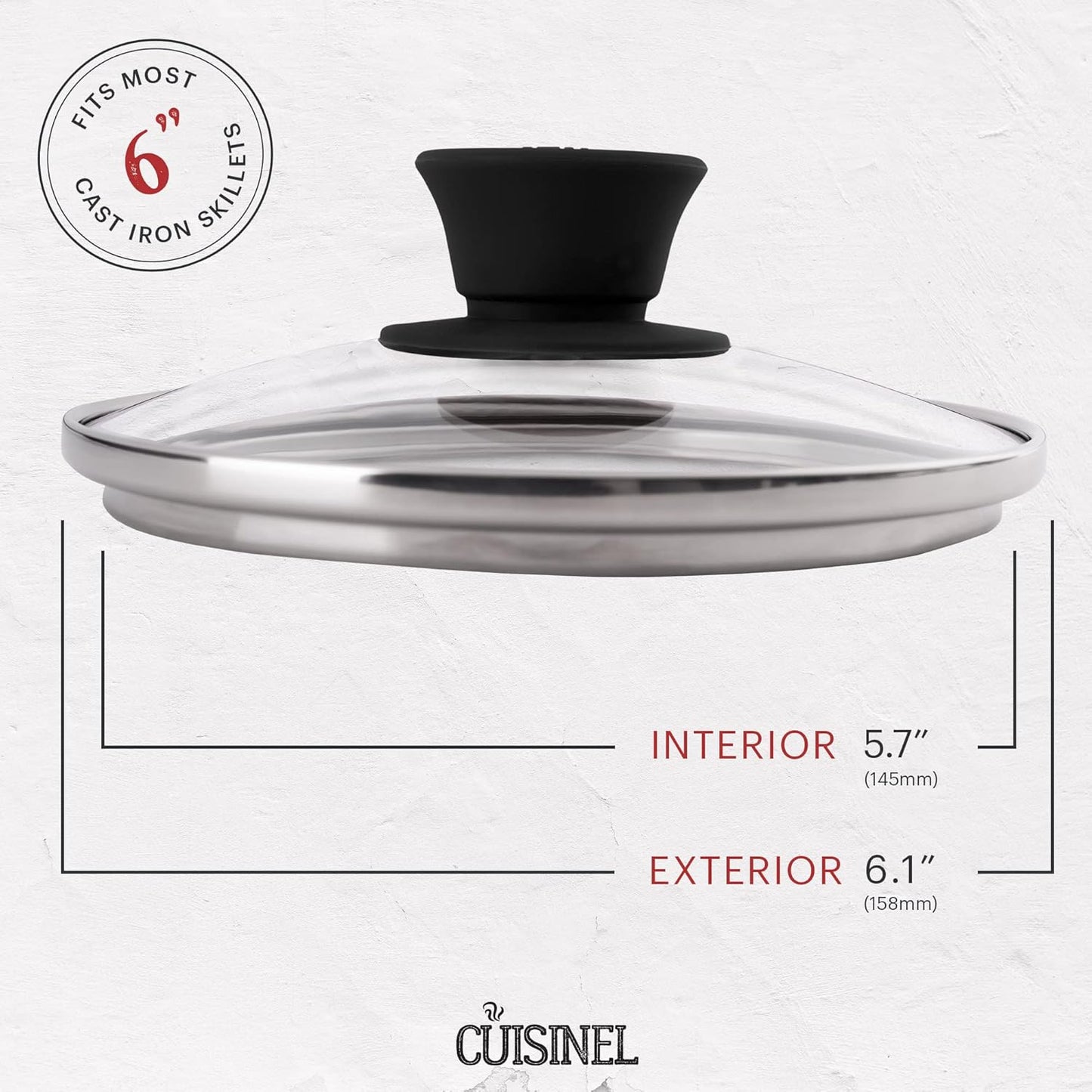 Cuisinel Glass Lid - 6"-inch/15.24-cm/158mm - Compatible with Lodge - Fully Assembled Tempered Replacement Cover - Oven Safe for Skillets Pots Pans - For Any Cookware: Cast Iron, Stainless, Non-Stick