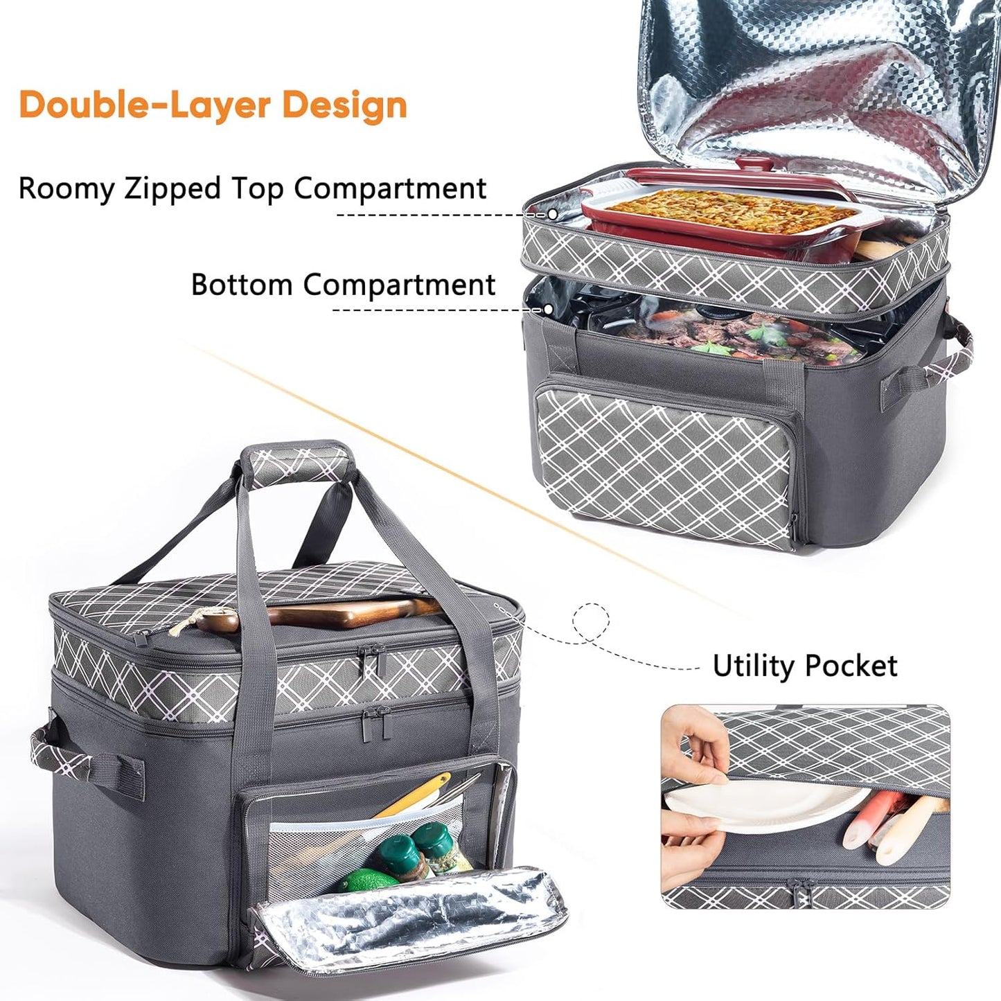 Double Layer Slow Cooker Carrier Bag – Fits 6–8 Qt Oval Slow Cooker Compatible with CrockPot & Hamilton Beach | Insulated Travel Tote with Utensil Storage & Adjustable Straps