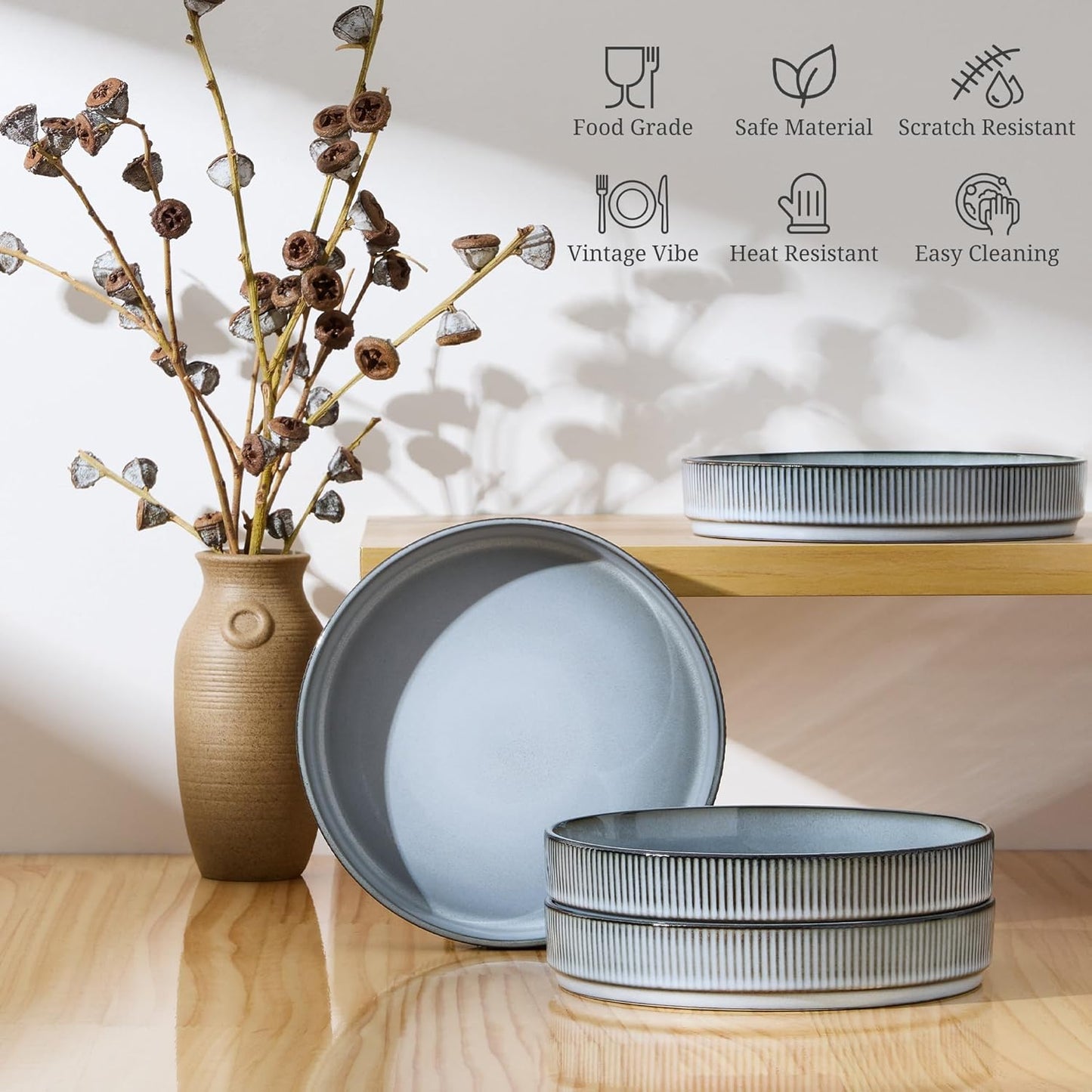 E-far Pasta Bowls Set of 4, 35oz Large Salad Bowl Plate for Dinner Serving Soup, Wide & Shallow Ceramic Stoneware Pasta Plates, Microwave & Dishwasher Safe, Reactive Glaze Textured Stripes, Dusty Blue