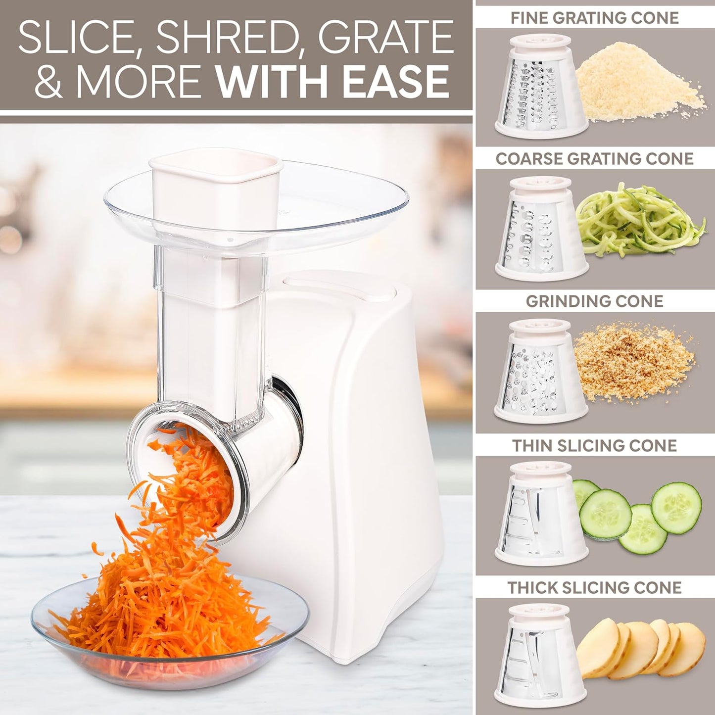 COOK WITH COLOR 5-in-1 Electric Slicer, 150W Food Prep Machine – Cheese Shredder, Fine & Coarse Graters, Potato Grater, Vegetable Slicer, Fruit, Salad Shooter, Compact Design for Bowl Prep, Cream