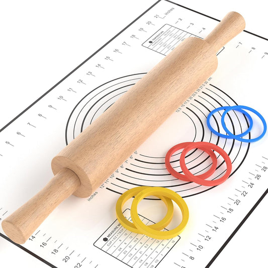 Classic Wooden Rolling Pin with Handle and Pastry Mat for Fondant, Pizza, Pies, Cookies, Rolling Pin for Baking with 3 Multi-Color Thickness Rings, 17" x 2.5" Natural Beechwood