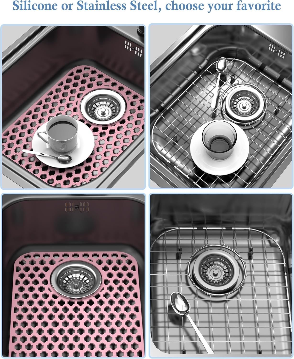 2 Pack Silicone Sink Protector for Kitchen Sink Bathroom, 13.58"x 11.6" Sink Mat Non-Slip and Durable Silicone Protectors, Rear Drain, Pink