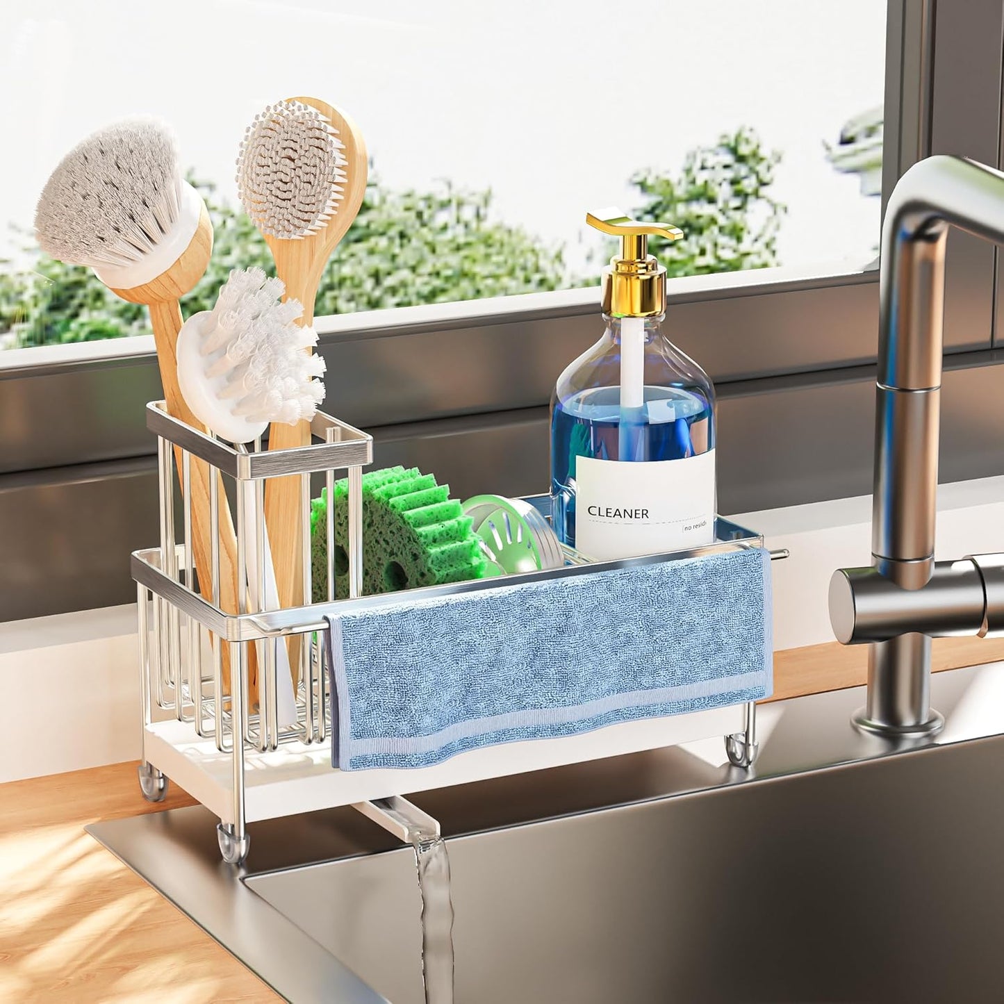 Cisily Stainless Steel Sponge Holder for Kitchen Sink with Towel Rack, Sink Caddy with Kitchen High Brush Holder, Organzier Rustproof 304 Stainless Steel Dish Organizer Divider, Soap Dispenser Storage