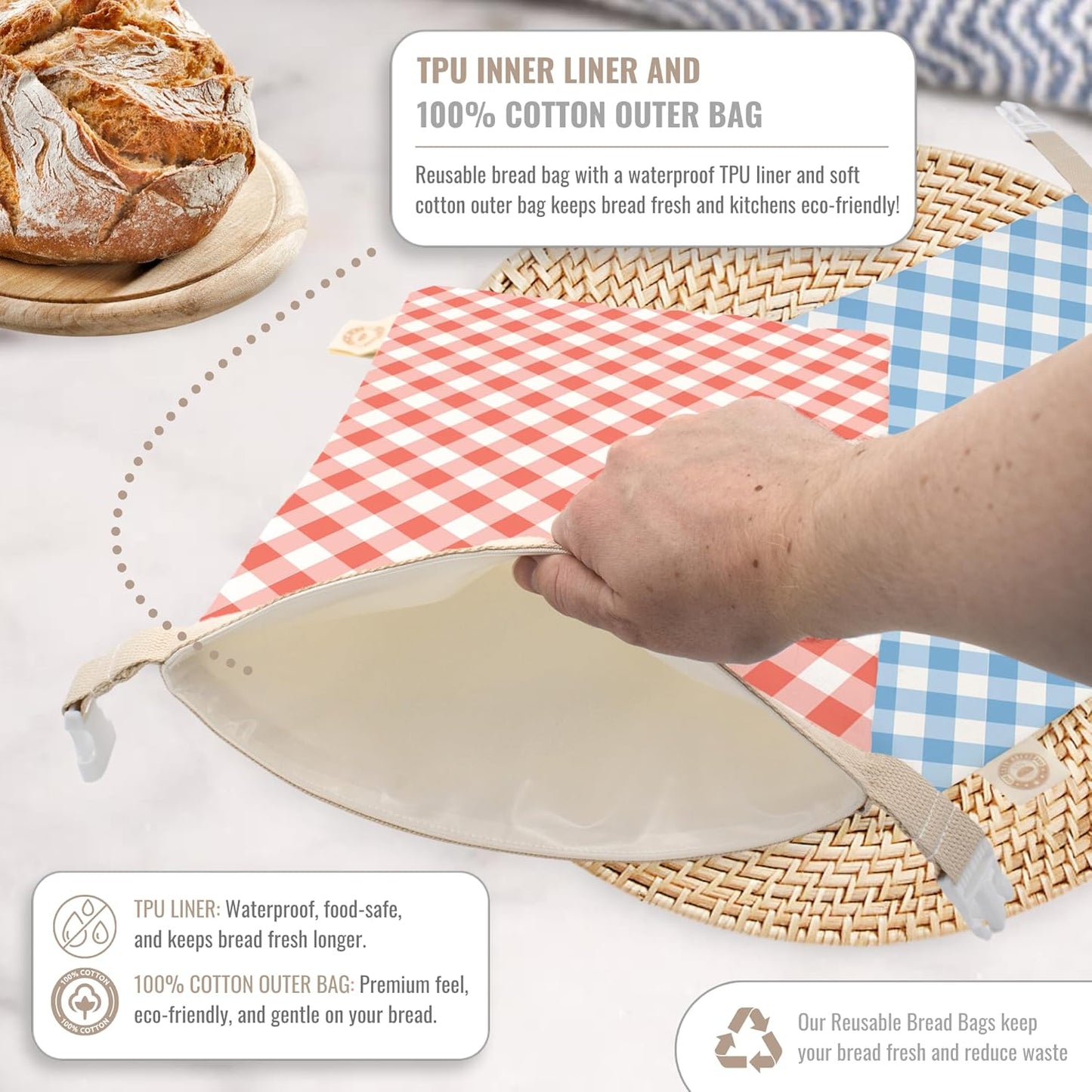 Cozy Bread® Reusable Bread Bag Set for Home Bakers | USA Brand | Charming Designs (Gingham)