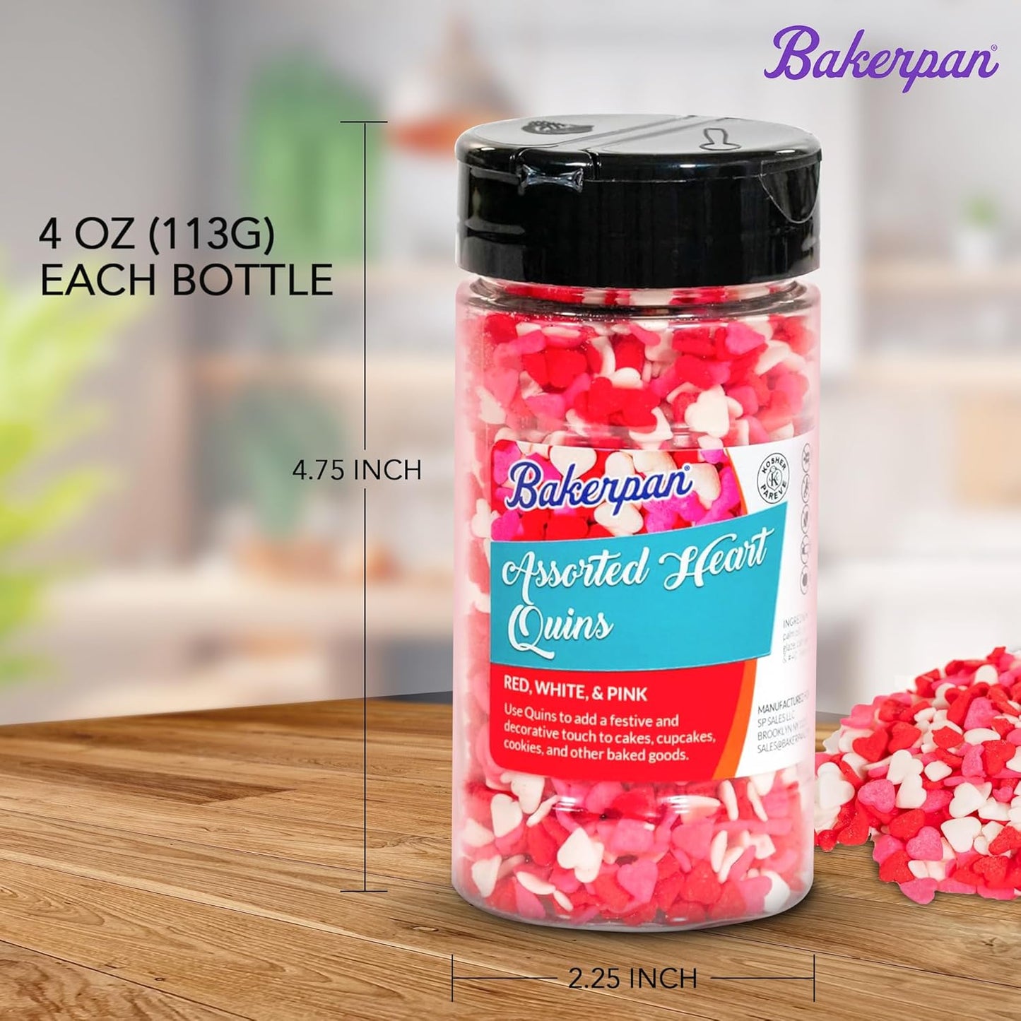 Bakerpan Heart Sprinkles for Baking, 4 Ounces Confetti Red Heart Sprinkles Edible, Made in USA