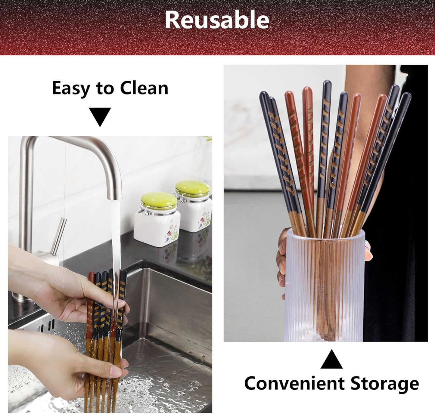 Antner 5 Pairs Reusable Wooden Chopsticks Natural Hardwood Japanese Style Wood Chop Sticks Hand-Carved Non-Slip Design, 9 Inch (23cm), Gift Set in 2 Red & 3 Black