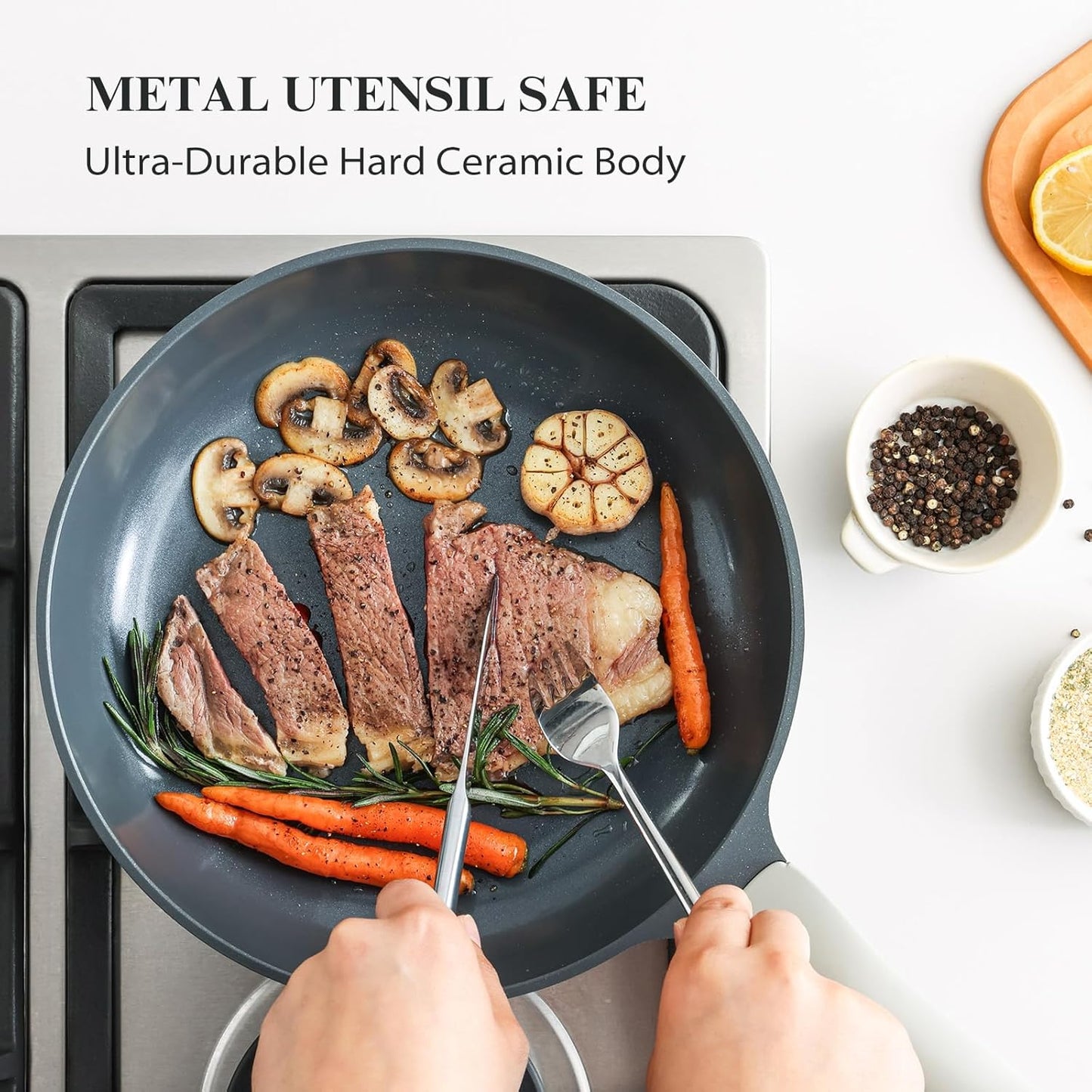 Nonstick Ceramic Frying Pan, 8/10/12 Inch Non Toxic Skillet, Healthy Egg & Omelet & Chef's Pan, PTFE PFOA & PFAS Free, Induction Compatible (8-Inch, Gray)