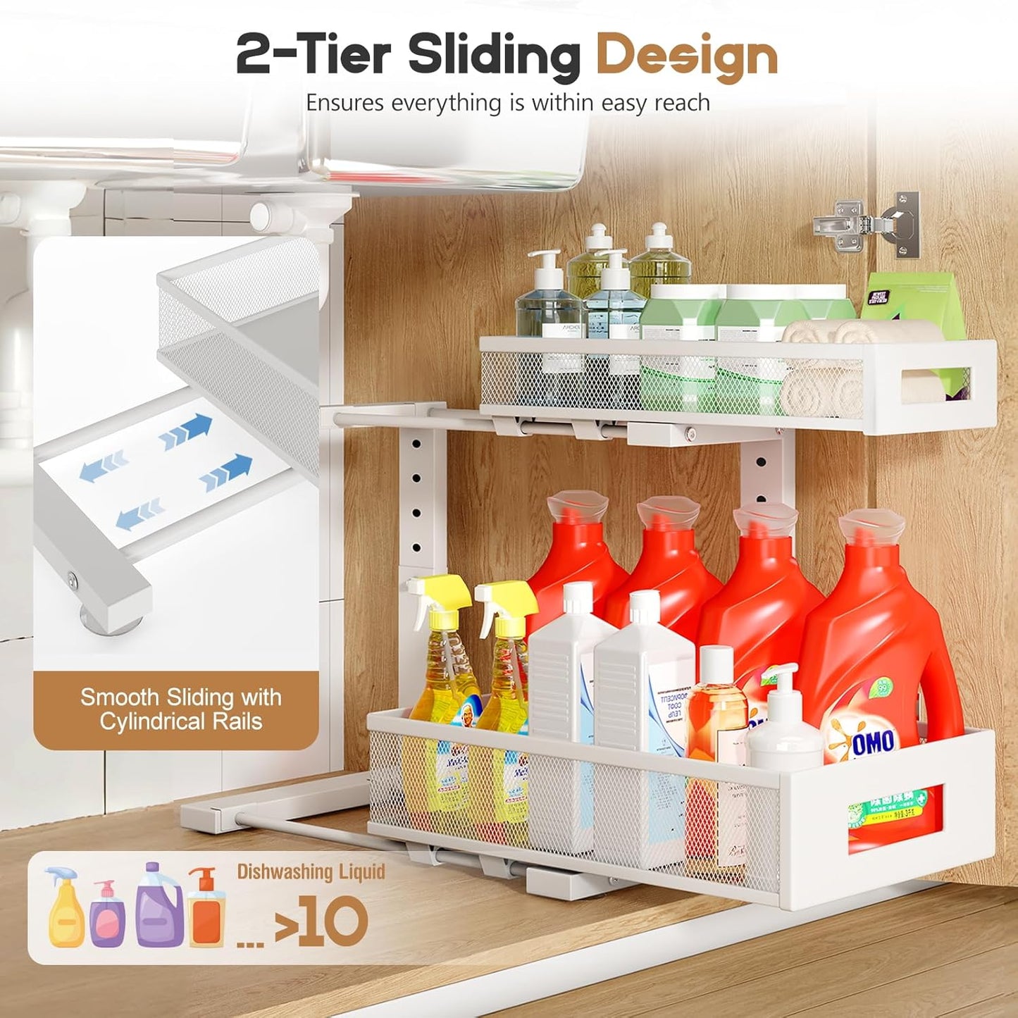 2-Pack Under Sink Storage Organizer, Large 2-Tier Elegant Mesh Pull Out Shelf for Kitchen and Bathroom Cabinet Organization, L-Shaped and Adjustable Height Design for Maximum Space Efficiency-White