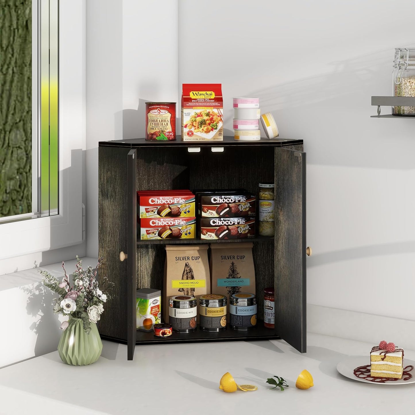 Corner Bread Box for Kitchen Counter Double Layer Bamboo Bread Storage Container Large Capacity Bread Storage Bin Farmhouse Breadbox Organizer (Antique Black)