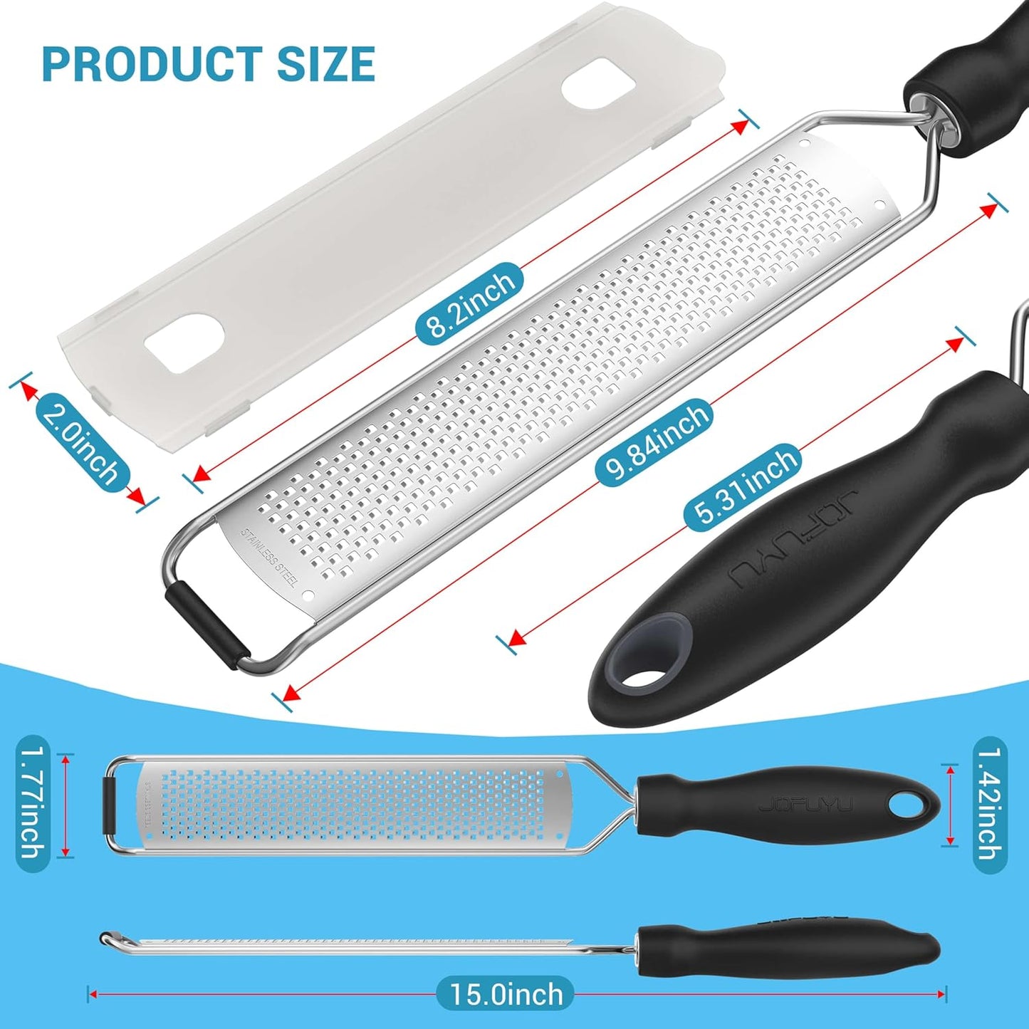 Premium Lemon Zester Grater with Handle, Ultra Sharp Stainless Steel Blade for Cheese, Citrus, Ginger, Garlic & Chocolate, Non-Slip Grip, Safety Cover & Cleaning Brush