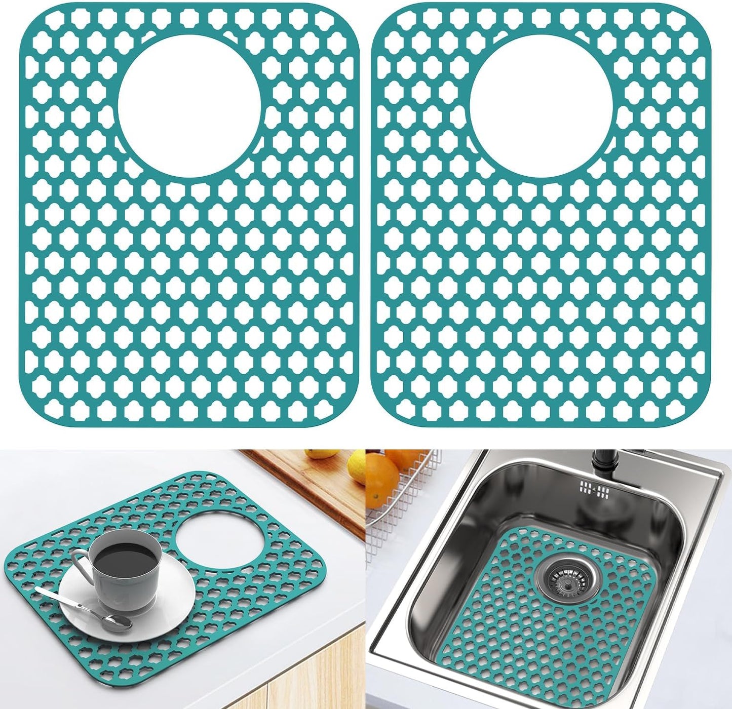 2 Pack Silicone Sink Protector for Kitchen Sink Bathroom, 13.58" x 11.6" Heat-resistant Sink Mat Non-Slip and Durable Silicone Protectors, Rear Drain, Green