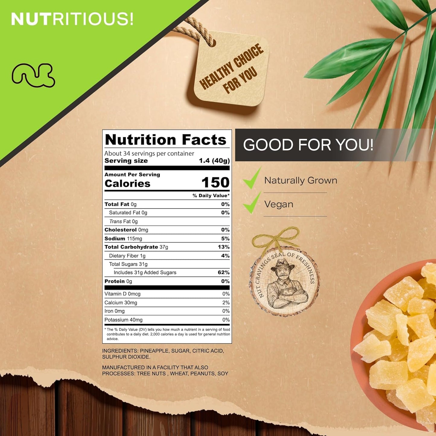 NUT CRAVINGS - Sun Dried Pineapple Chunks, Lightly Sweetened (48oz, 3 LB) Bulk Dry Fruits Packed Fresh in Resealable Bag - Sweet Healthy Snack, Naturally Grown, Vegan, Kosher