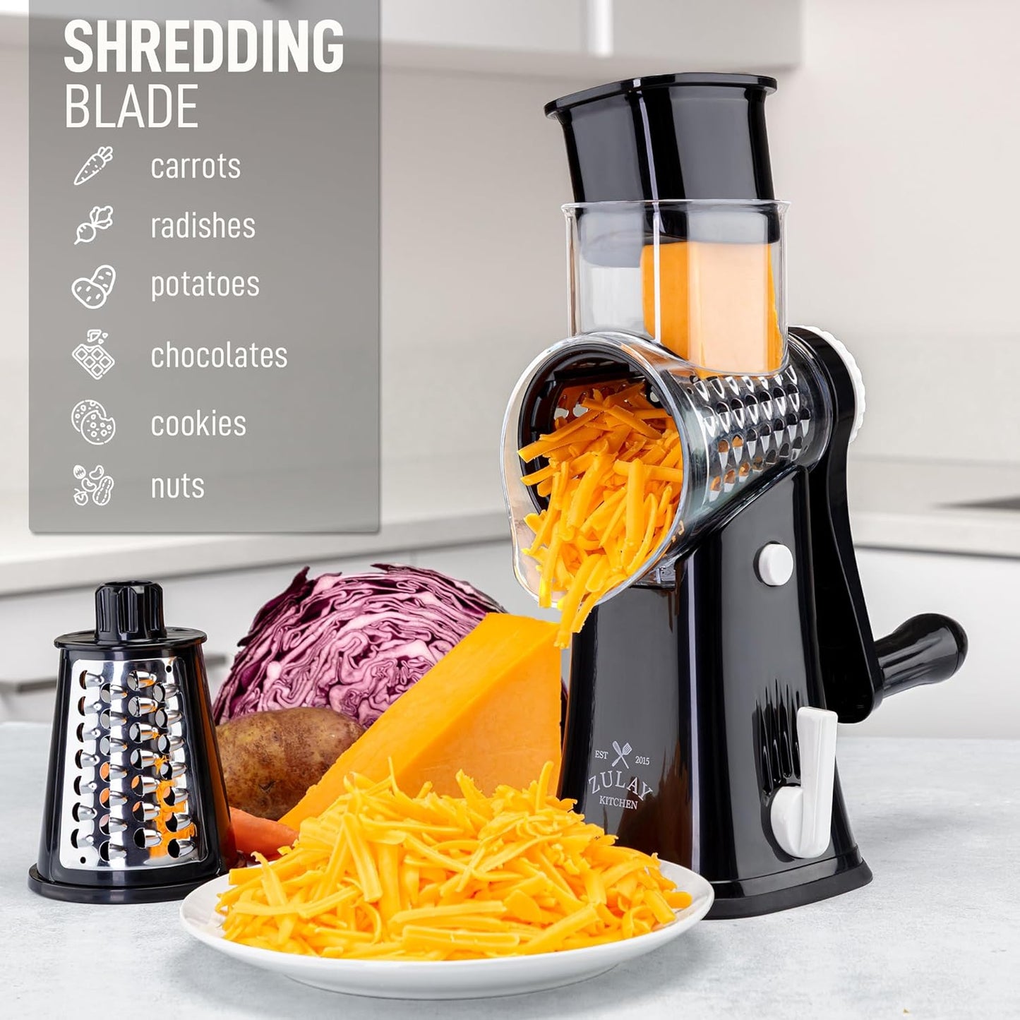 Zulay Kitchen Rotary Cheese Grater 5 Blade Cheese Shredder - Manual Hand Crank Cheese Grater With Reinforced Suction & 5 Interchangeable Drums - Easy to Use, Vegetable Chopper Round Mandoline Slicer