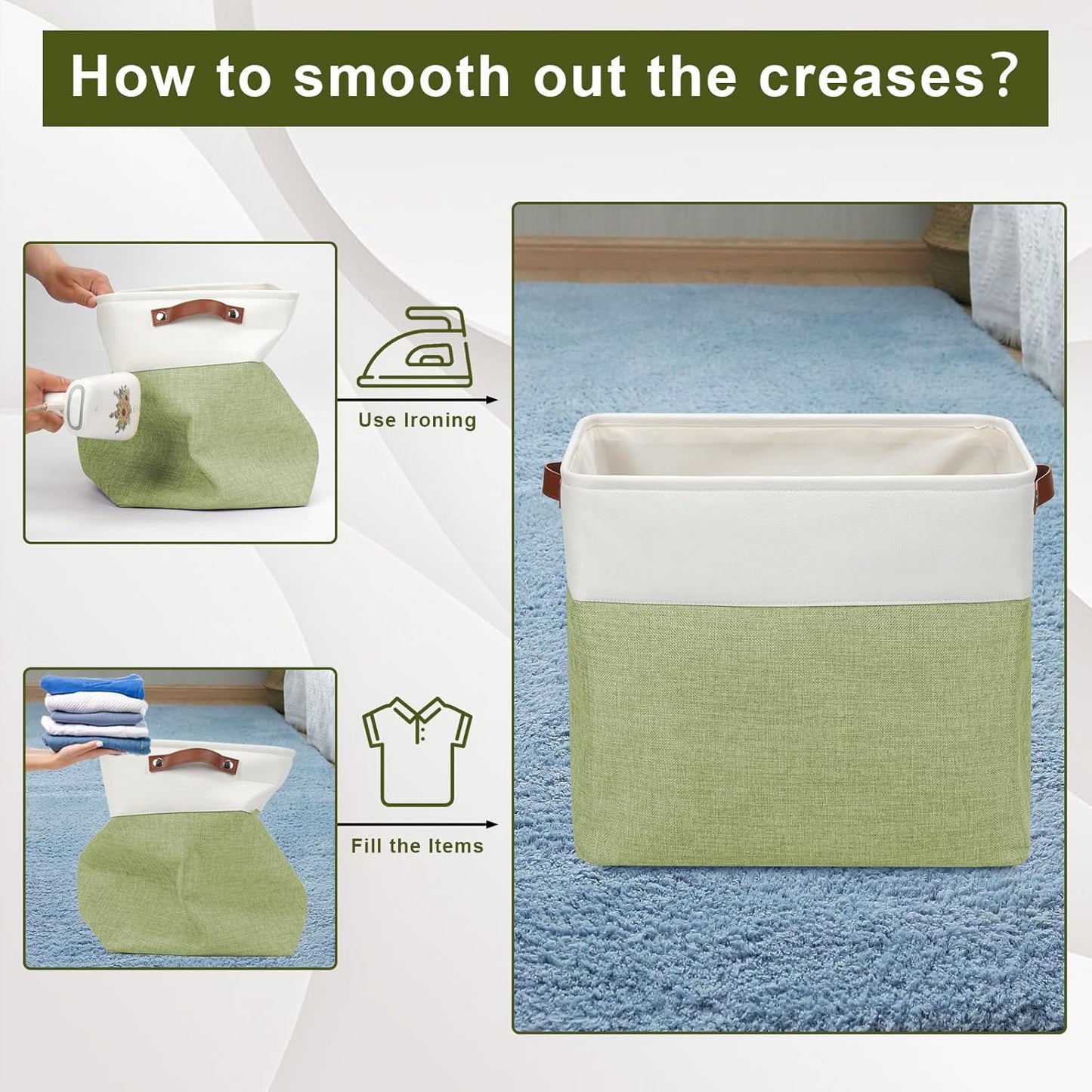 Large Fabric Storage Baskets | 50L Storage Bins, Decorative Linen Closet Baskets with Handles for Organizing, Shelf, Toys, Clothes, Home, Office, Nursery, 17x12x15Inches (Green&White)