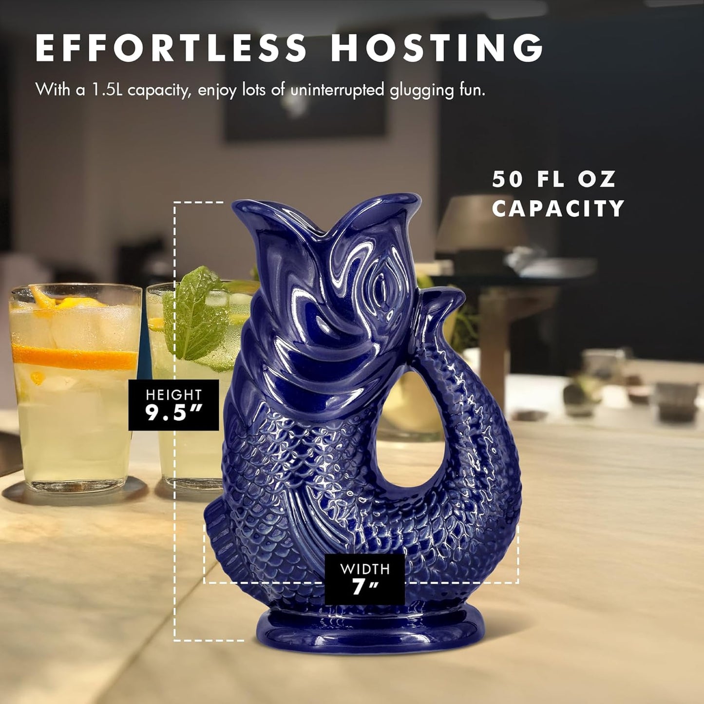 Gurgle Glug Jug The Bubble Jug® Sage Green 50 fl oz 1.5L Litre Extra Large Pitcher - Fish Shaped Jug - Decorative Ceramic Glugging Cocktail, Water and Gin Vase and Gurgling Carafe Pot