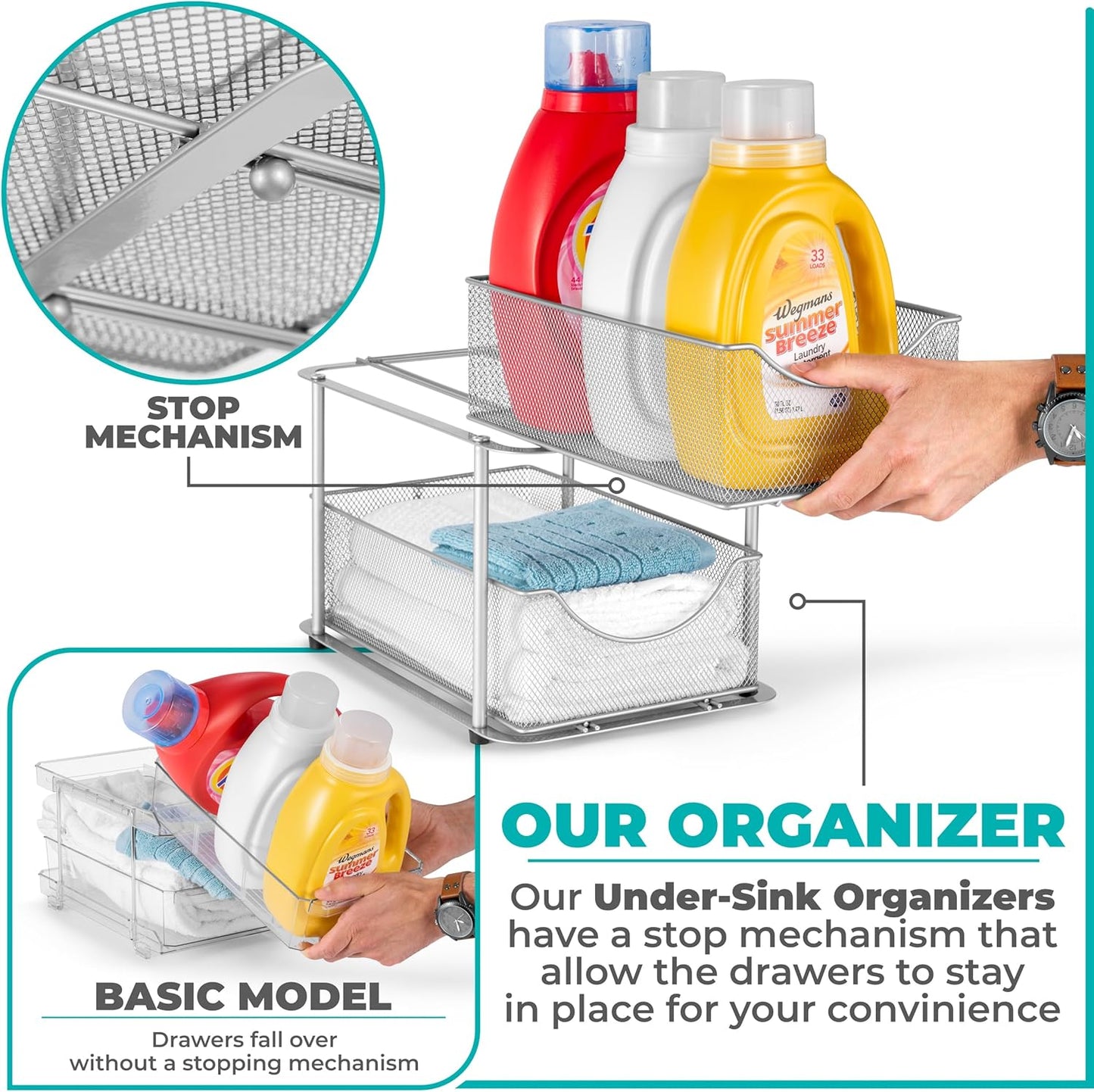 Sorbus 2 Sets of 2 Tier Metal Under Sink Organizer for Bathroom, Kitchen, Strong Steel Mesh Sliding Drawers for Under Sink, Under Cabinet, Closet, Kitchen, Pantry, Bathroom Organizers and Storage