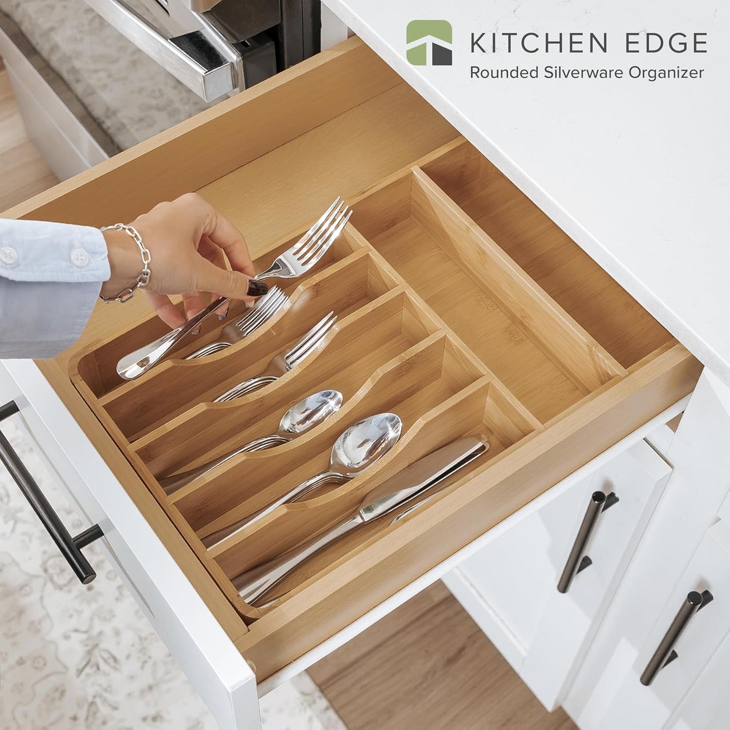 KitchenEdge Silverware Organizer - Cutlery, Flatware, and Utensil Holder for Kitchen Drawers, Fixed 10.5” Width, 7 Storage Compartments, Non-Slip Feet, Rounded Corners, 100% Bamboo