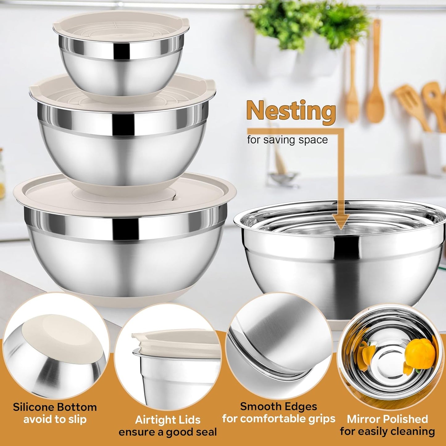 P&P CHEF Mixing Bowl with Lids Set of 3, Stainless Steel Nesting Salad Bowls for Serving Preparing, 3 Grater Attachments & Non-Slip Bottoms, Size 1.5/2.6/4.6 QT, Khaki