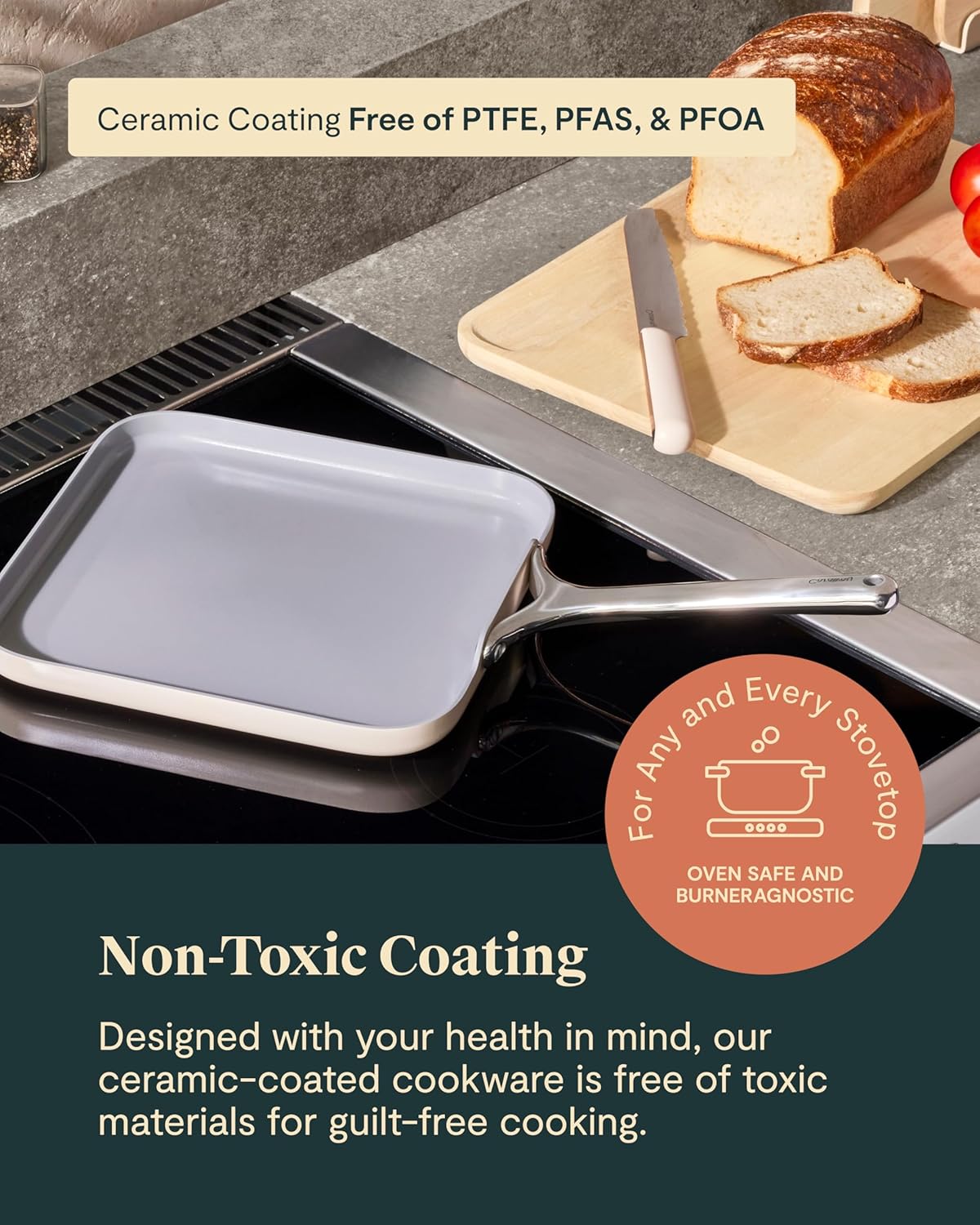 Caraway Square Griddle Pan - 11” Square Pan - Non-Stick Ceramic Coated - Non Toxic, PTFE & PFOA Free - Oven Safe & Compatible with All Stovetops - Perracotta