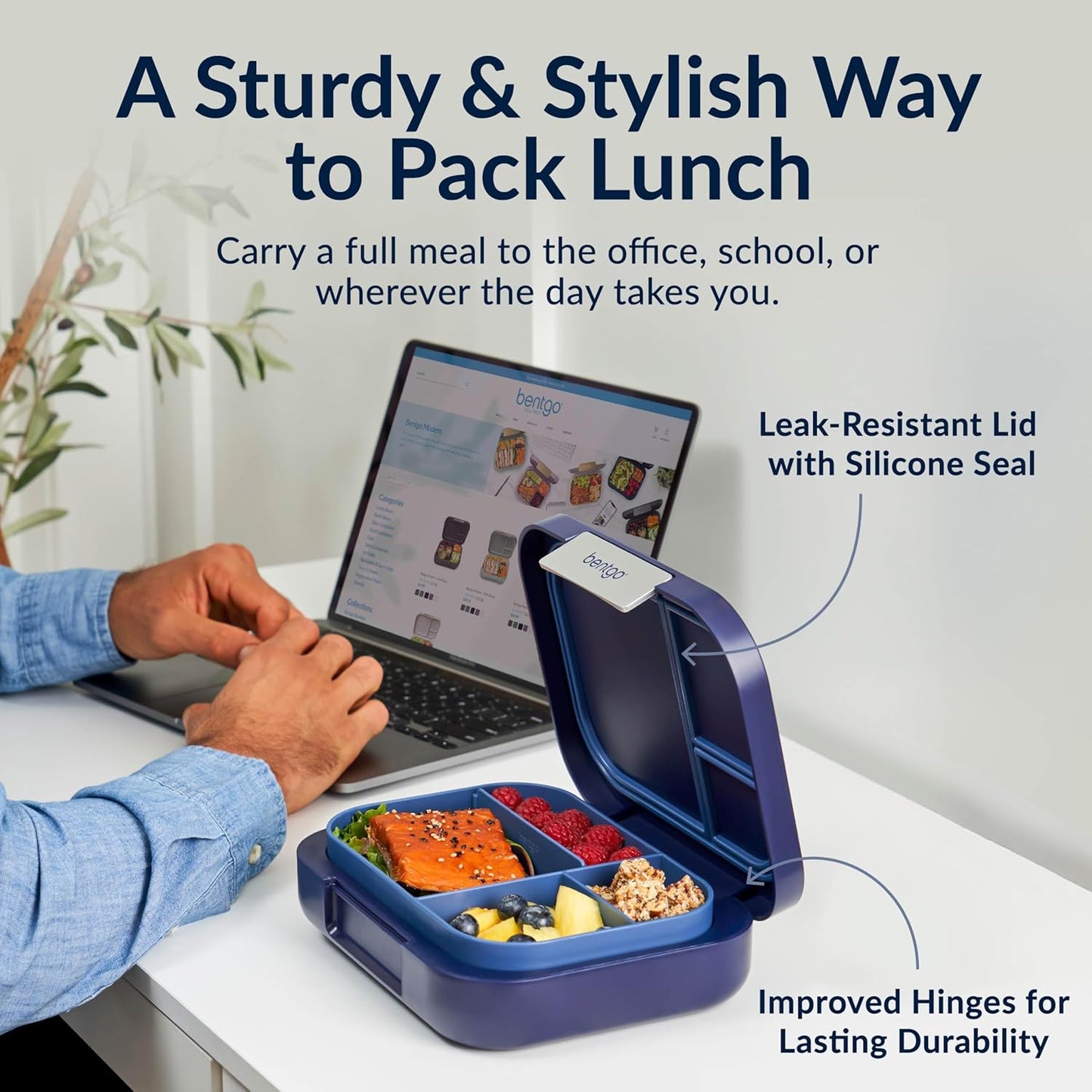 Bentgo Modern - Adult & Teen Bento Lunch Box; 3-4 Compartments, Leak-Resistant, 5.5 Cup Capacity/44 fl oz, Improved Locking Clips, Reusable, BPA-Free, Dishwasher/Microwave Safe Tray (Navy)