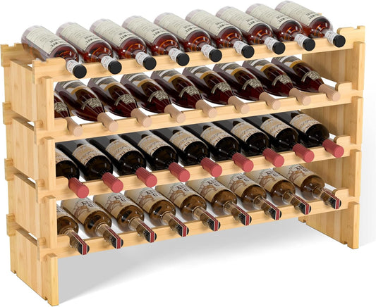 Domax Wine Rack Freestanding Floor - 36 Wine Bottle Holder, Large Stackable Wooden Storage Racks for Inside Cabinet and Countertop (Yellow)