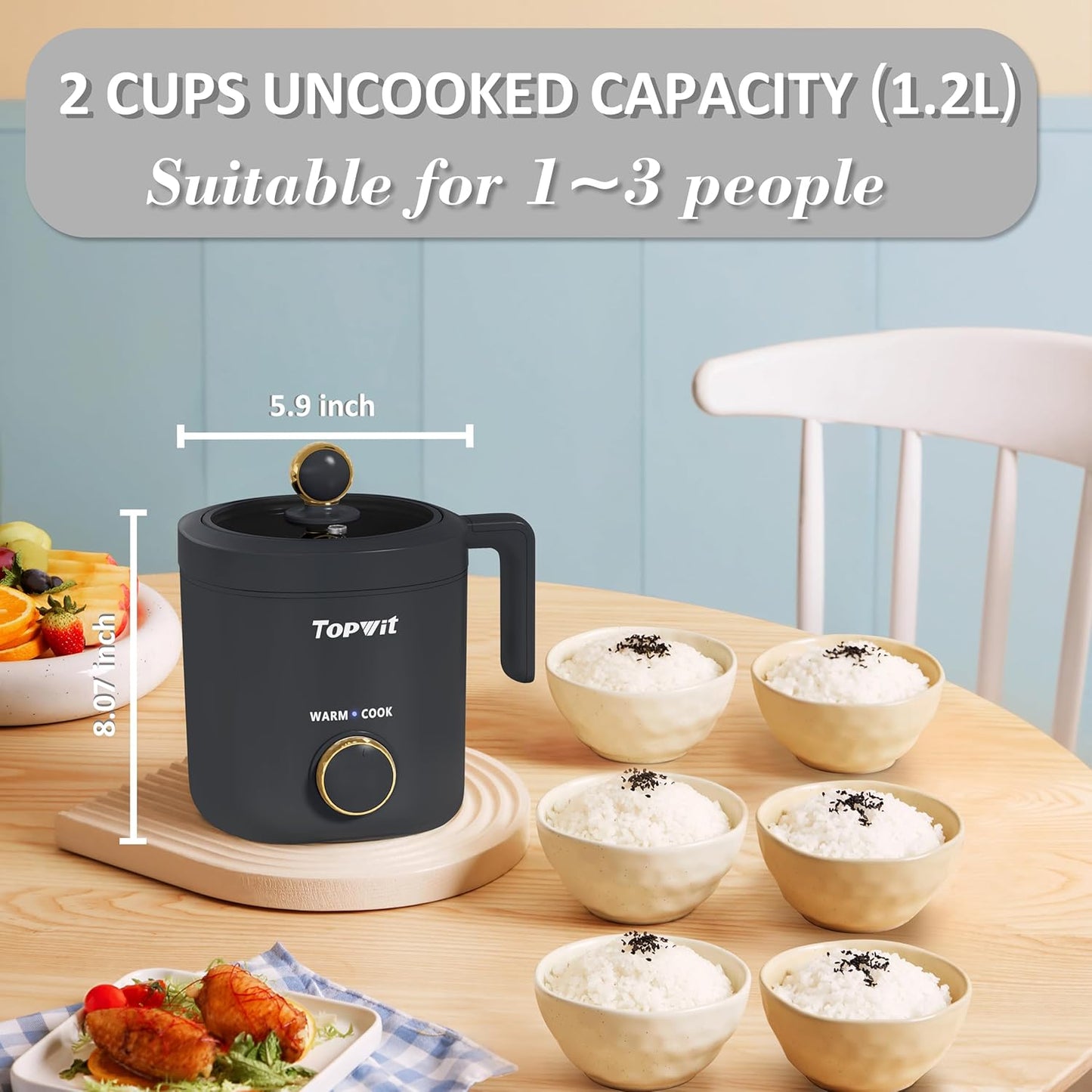 TOPWIT Rice Cooker Small, Mini Rice Cooker 2 Cups Uncooked, 1.2L Portable Rice Maker with Non-stick Coating, BPA Free, One Touch & Keep Warm Function, Grey