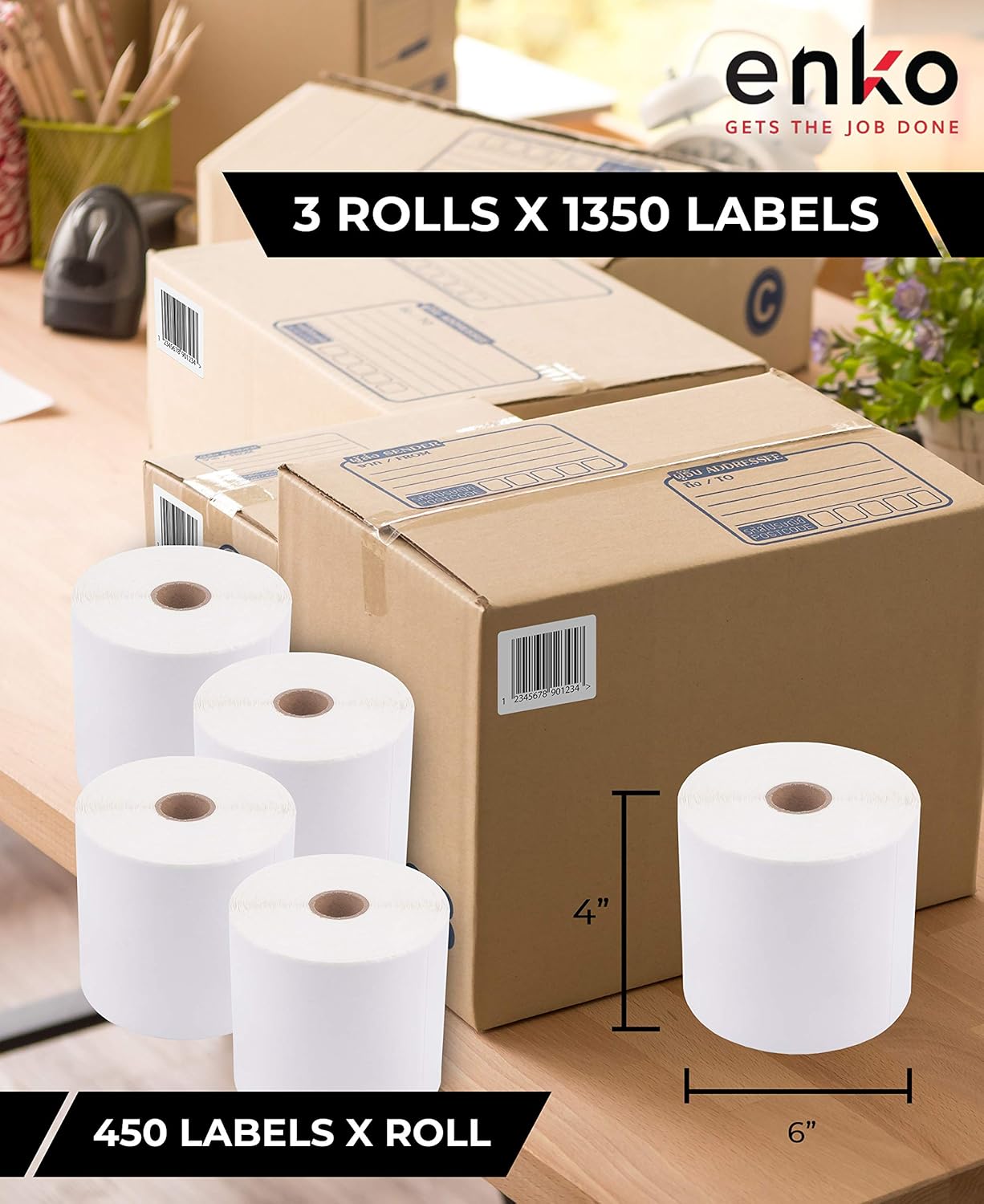 enKo (3 Rolls, 1350 Labels) 4 x 6 Direct Thermal Address & Shipping Labels - Compatible 4x6 Shipping Label for Zebra Printer 2844 ZP450 ZP-500 ZP-505, Rollo, Eltron, Neatoscan