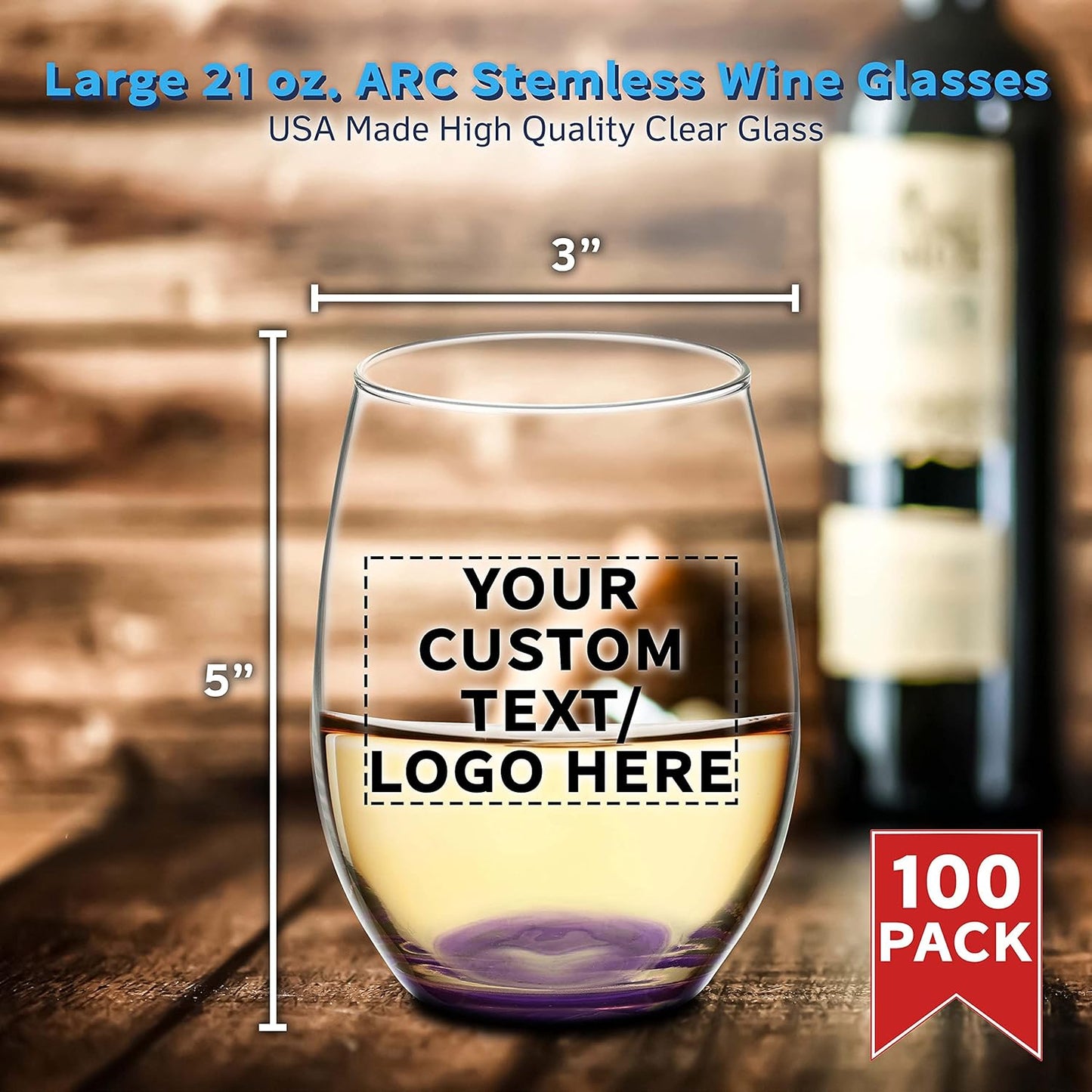 DISCOUNT PROMOS 100 ARC Stemless Wine Glasses Set, 21 oz. - Customizable Text, Logo - Chardonnay, Cabernet, Merlot, Sauvignon - Purple