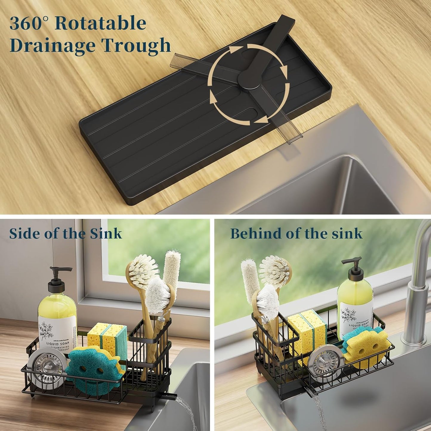 Consuemst Sponge Holder for Kitchen Sink - Auto Draining Sink Caddy Organizer with Detachable Rack, High Brush Holder, Kitchen Countertop Storage Accessories, Black