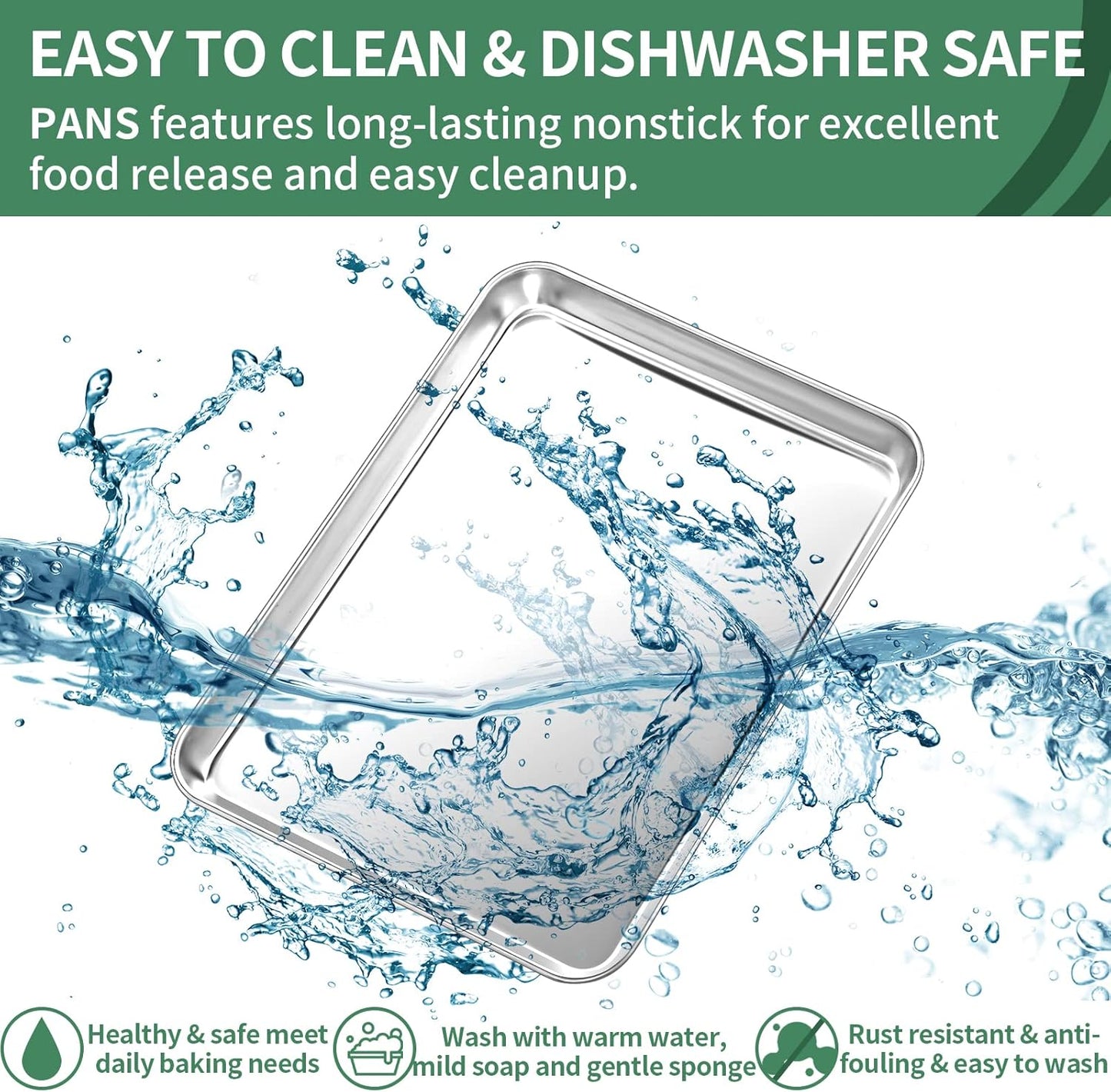 Baking Sheets Set of 2, HKJ Chef Cookie Sheets 2 Pieces & Stainless Steel Baking Pans & Toaster Oven Tray Pans, Rectangle Size 16 x 12 x 1 inch, Non Toxic & Healthy & Easy to Clean