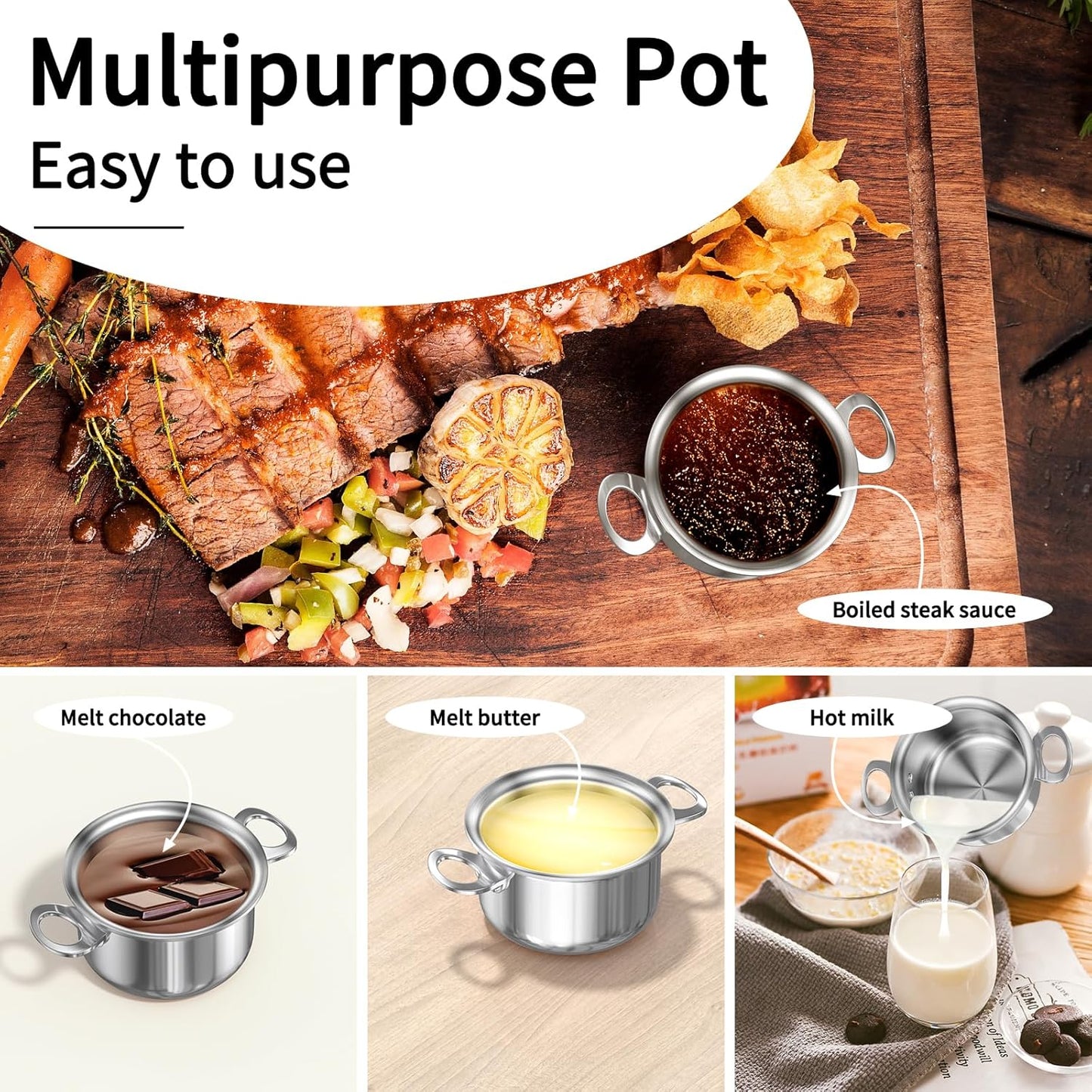 Macevia Mini Sauce Pan with Lid,Stainless Steel Butter Warmer Small Pot, For All Stoves Multipurpose Use for Home Kitchen or Restaurant (13.5oz/400ml) - Silver