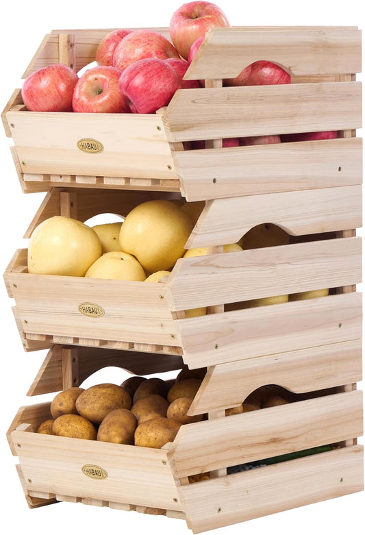 Wood Potato Onion Storage Bins - Wooden Stackable Produce Basket - Fruit Vegetable Storage for Kitchen Pantry Organization, Set 3 Pieces
