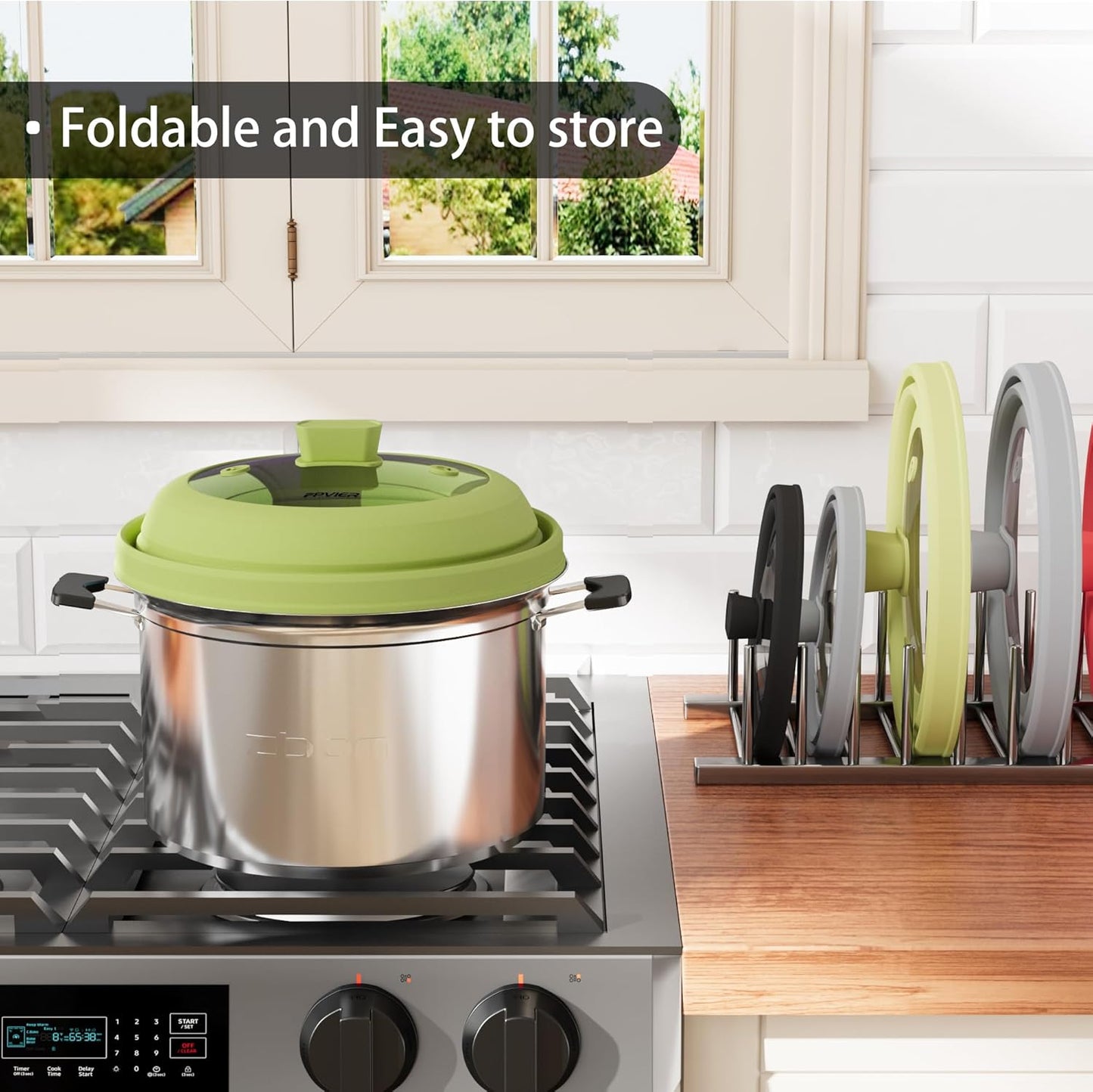 Microwave Splatter Cover, Vented Silicone and Glass Cover Splatter Guard Lid, Food Collapsible Plate Cover Lid with Easy Grip Handle. (Green, 11.8 inch)