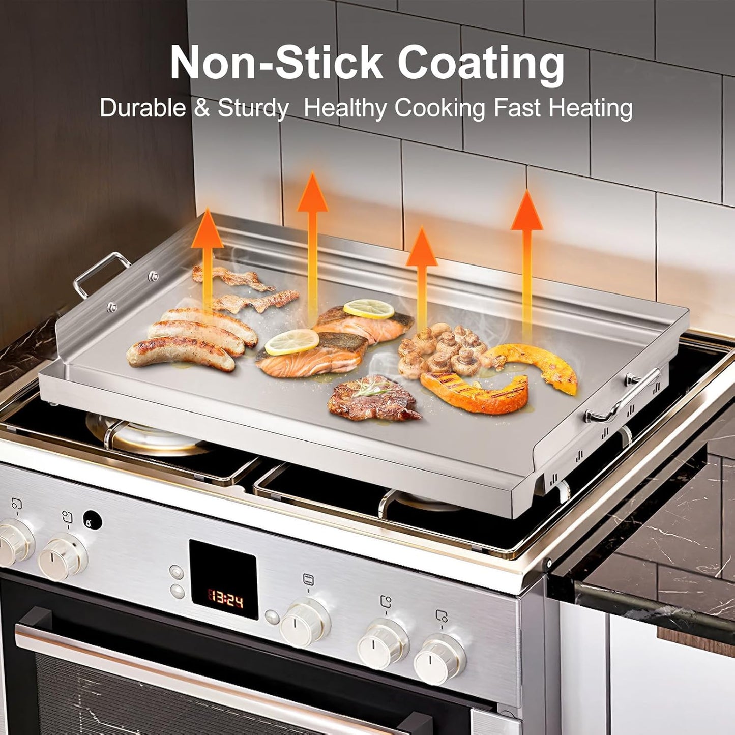 YORKING 23" x 16" Nonstick Coating Griddle Flat Top Grill Plate, Stainless Steel Griddle Plate with Grease Groove and Removable Handles for BBQ Charcoal/Gas Grills, Parties, Indoor/Outdoor Cooking