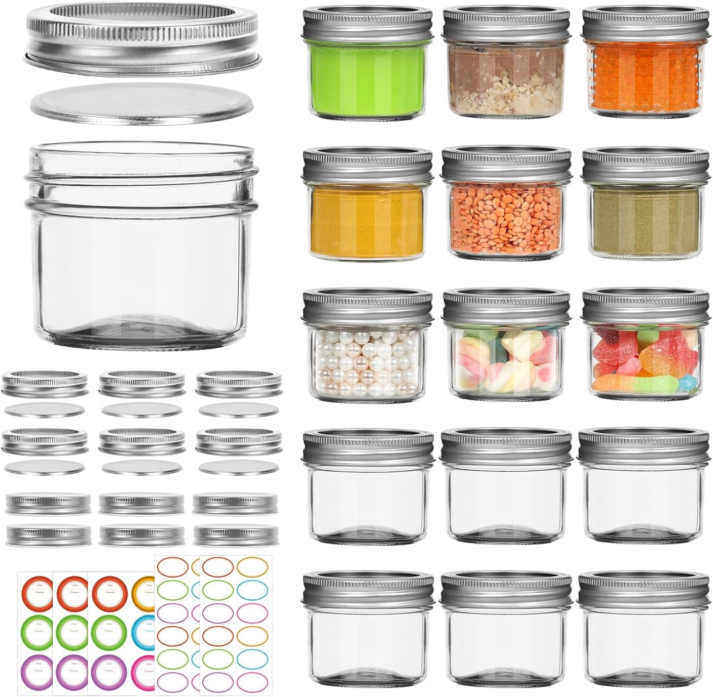 4 oz Small Mason Jars, 16 Pack Mini Canning Jars with 2 Types of Lids, 16 Split-Type and 16 One-Piece Lids for Dessert, DIY
