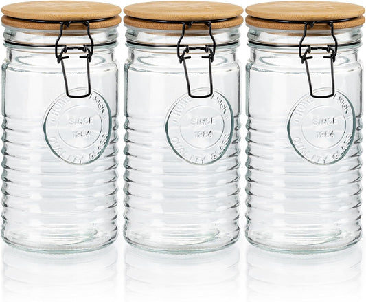 Glass Storage Containers with Airtight Lids - 40 Ounce Mason Jar Storage Containers for Cereal, Coffee & Rice - Pantry Organizing Canister Set of 3 for Kitchen