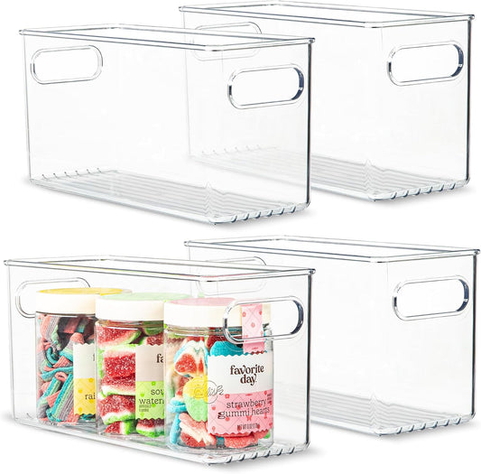Plastic Food Storage 4 Pack Clear Container Bin with Handles for Organizing Kitchen, Pantry, Refrigerator, Freezer, Pantry, Cabinet, Closet, Bathroom. 10”x4”x5”