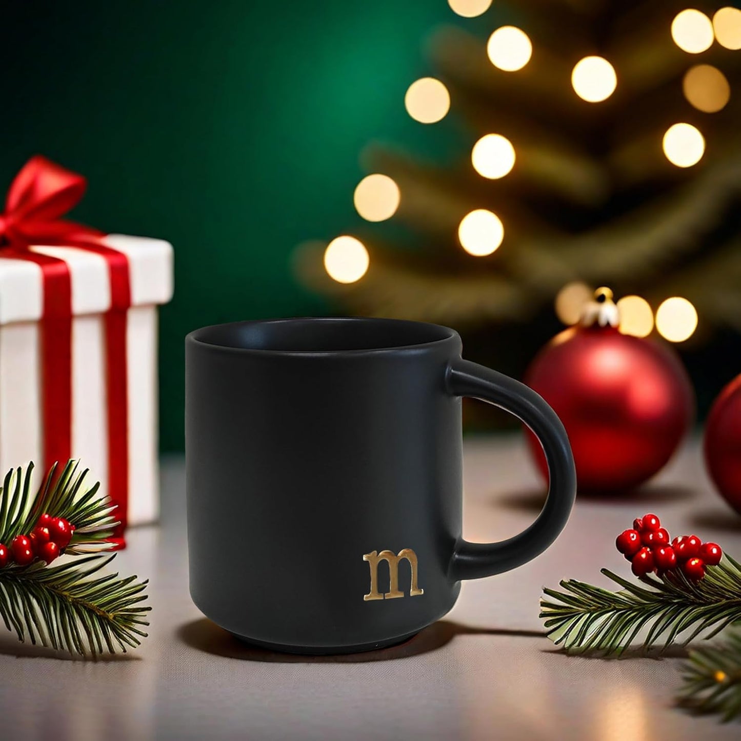 COLLECTIVE HOME - Black Monogram Ceramic Mugs, 15 oz Golden Initial Coffee Cups, Elegant Alphabet Tea Mugs, Personalized Halloween Mug with Gift Box, Perfect for Office and Home Décor (m)