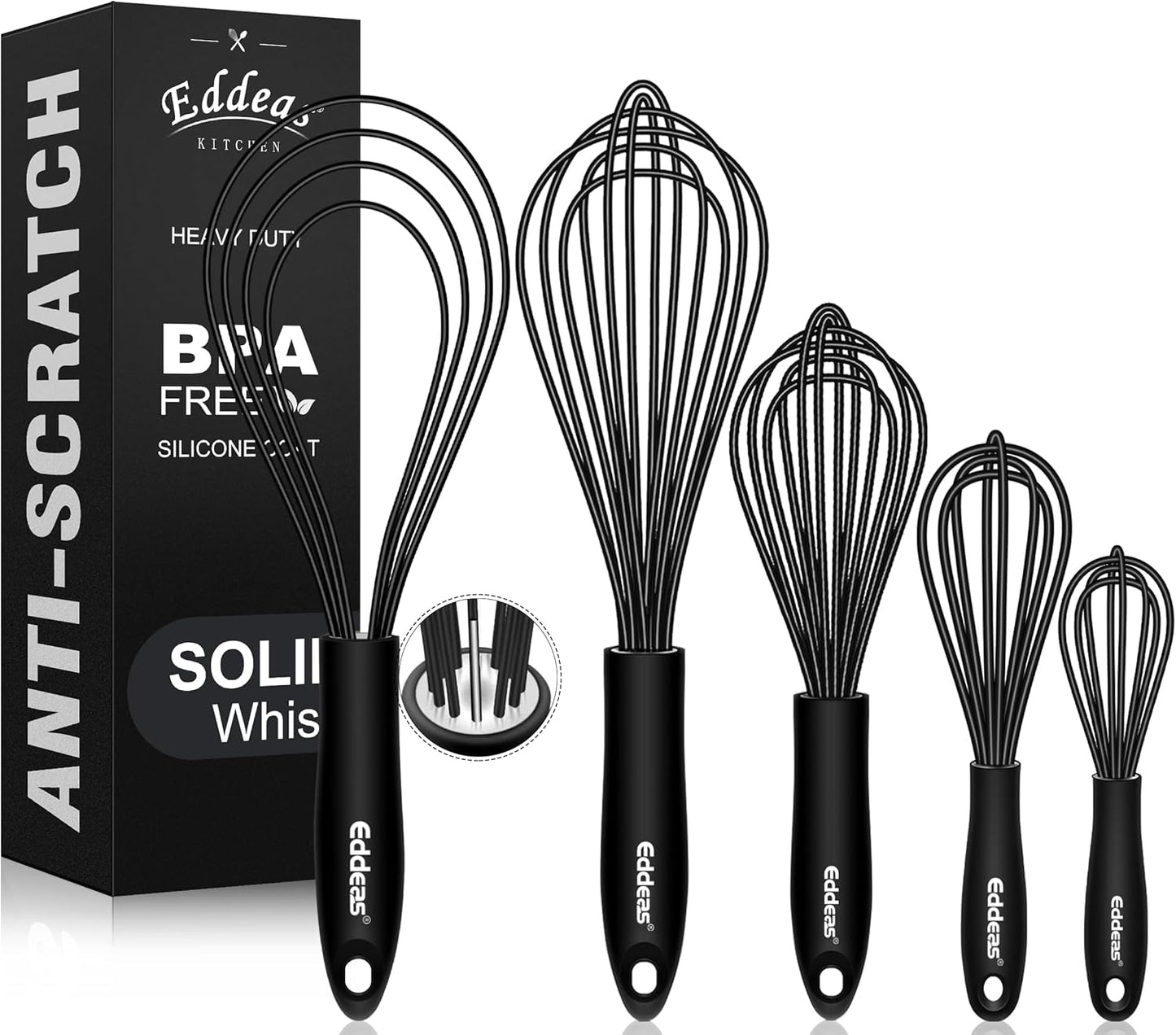 Silicone Whisk,Non Scratch Whisk for Cooking, 5+7+9+11in Balloon Whisks, Suitable for Mixing, Blending Whipping.11in Flat Whisks great for Ceramic Coated pans and Wider shallower pots.