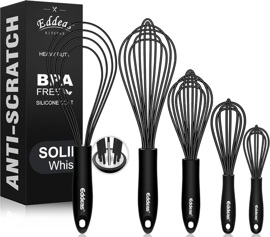 Silicone Whisk,Non Scratch Whisk for Cooking, 5+7+9+11in Balloon Whisks, Suitable for Mixing, Blending Whipping.11in Flat Whisks great for Ceramic Coated pans and Wider shallower pots.