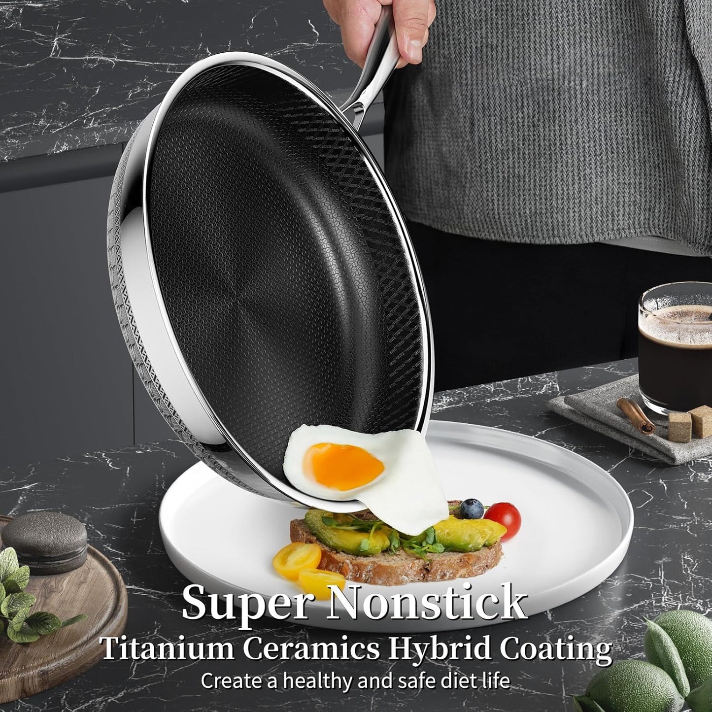 Nonstick Titanium Ceramics Stainless Steel Frying Pan Set, 6 Pieces Nonstick Honeycomb Stainless Steel Frying Pan Set, Non Stick Egg Omelet Cooking Pan Set, Induction Compatible, PFAS Free