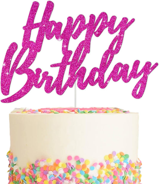 BEISHIDA Happy Birthday Cake Topper - Hot Pink Glitter Birthday Cake Decoration for Girl's Women's Birthday 18th 30th 40th Birthday Cake Topper Birthday Party Photo Booth Props