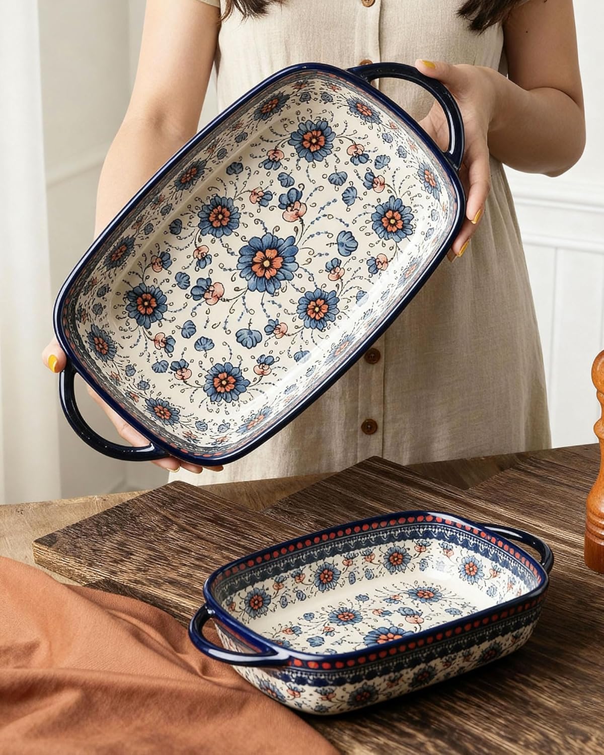 Polish Pottery Style Ceramic Baking Dish Set of 2 – Decorative Casserole Dishes with Handles, Cute Oven-Safe Lasagna Bakeware Gift Set