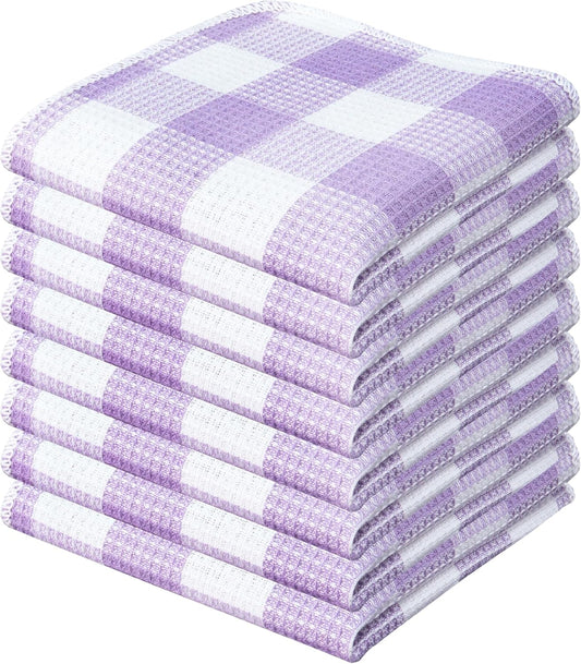 Waffle Weave Plaid Dish Cloths, 100% Cotton - 12 x 12 Inches, Ultra Soft Absorbent Quick Drying Dish Towels Buffalo Check Dish Rags for Kitchen, 8 Pack - Spring Summer - Lavender & White