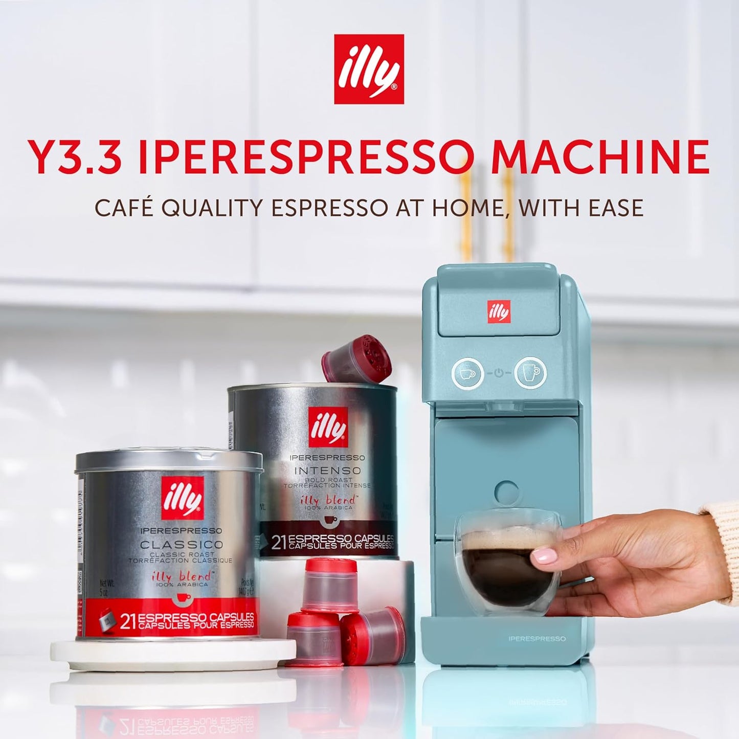 Illy Y3.3 Espresso Machine, Single Serve Coffee Machine for IperEspresso Capsules, Single Cup Espresso Maker (Amalfi Blue)