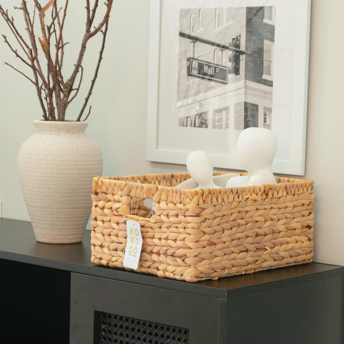 KOKODO 15"Lx11"W Large Rectangular Water Hyacinth Wicker Storage Baskets with Handles and Metal Frame, Stylish and Durable Handwoven Bin for Space-saving Room Organizing or Decorative Wicker Basket