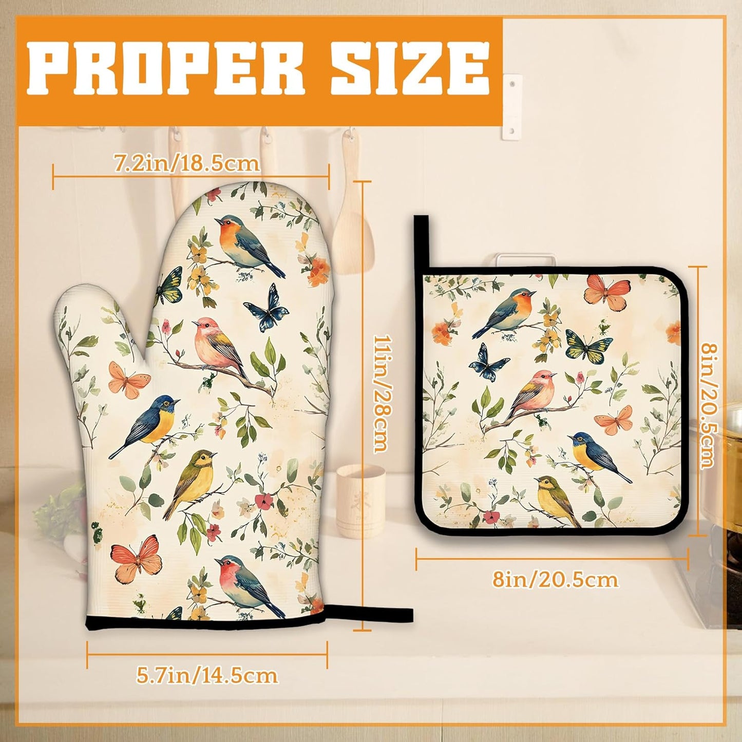 Vintage Butterfly Bird Oven Mitts and Pot Holders Set,Floral Flower Kitchen Oven Gloves and Pot Holder with Heat Resistant Non Slip for Cooking Baking Grilling(4 Piece Set)